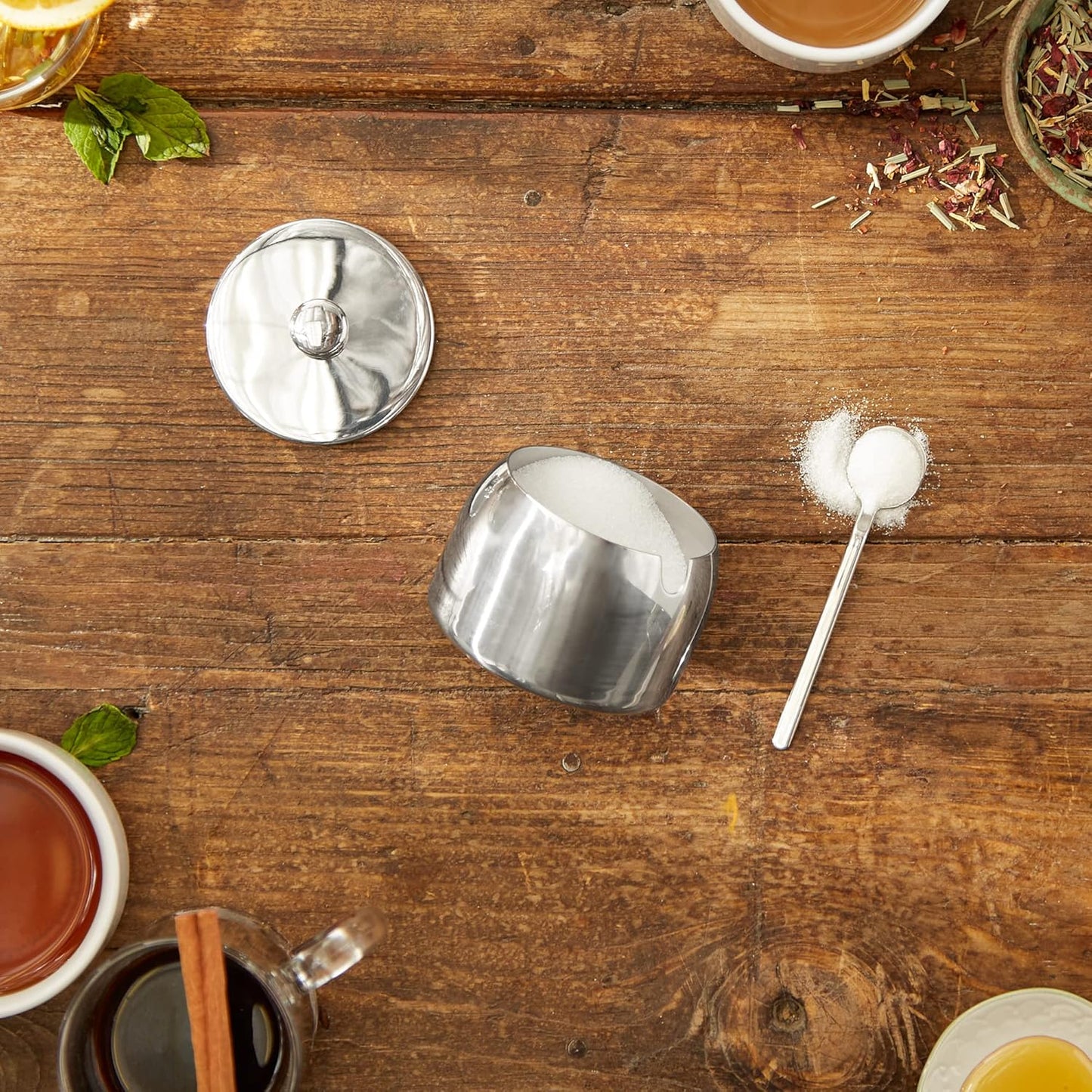 Dluxe Ave. RSVP International Stainless Steel Sugar Bowl Container with Lid and 4.5" Spoon 8 oz Capacity