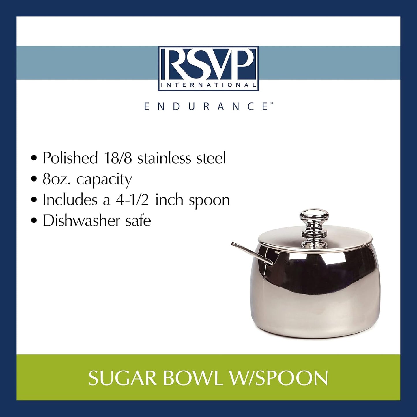 Dluxe Ave. RSVP International Stainless Steel Sugar Bowl Container with Lid and 4.5" Spoon 8 oz Capacity
