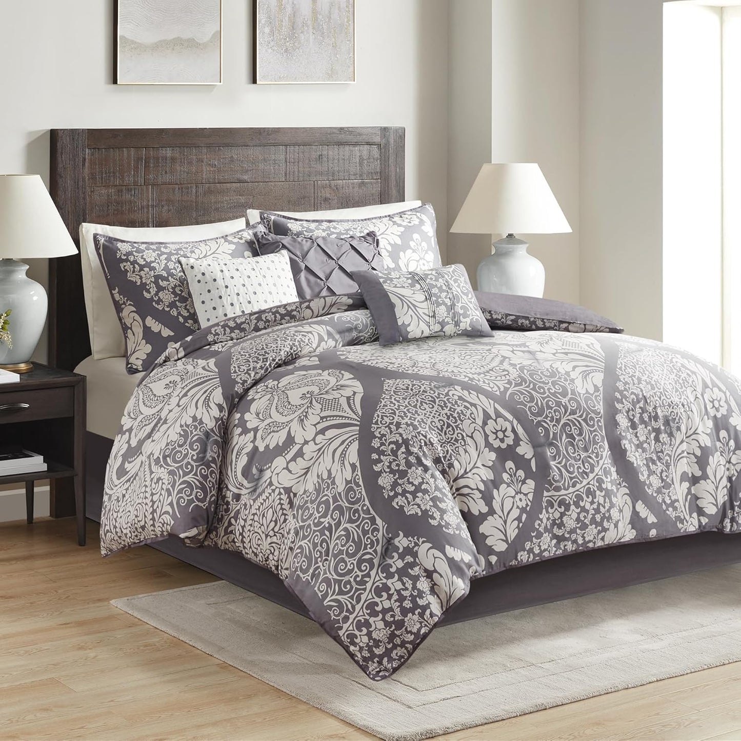 Dluxe Ave. (  CALI./ KING) 7 Pcs Vienna Sateen Cotton Comforter Set/ for All Season Down Alternative/ Grey