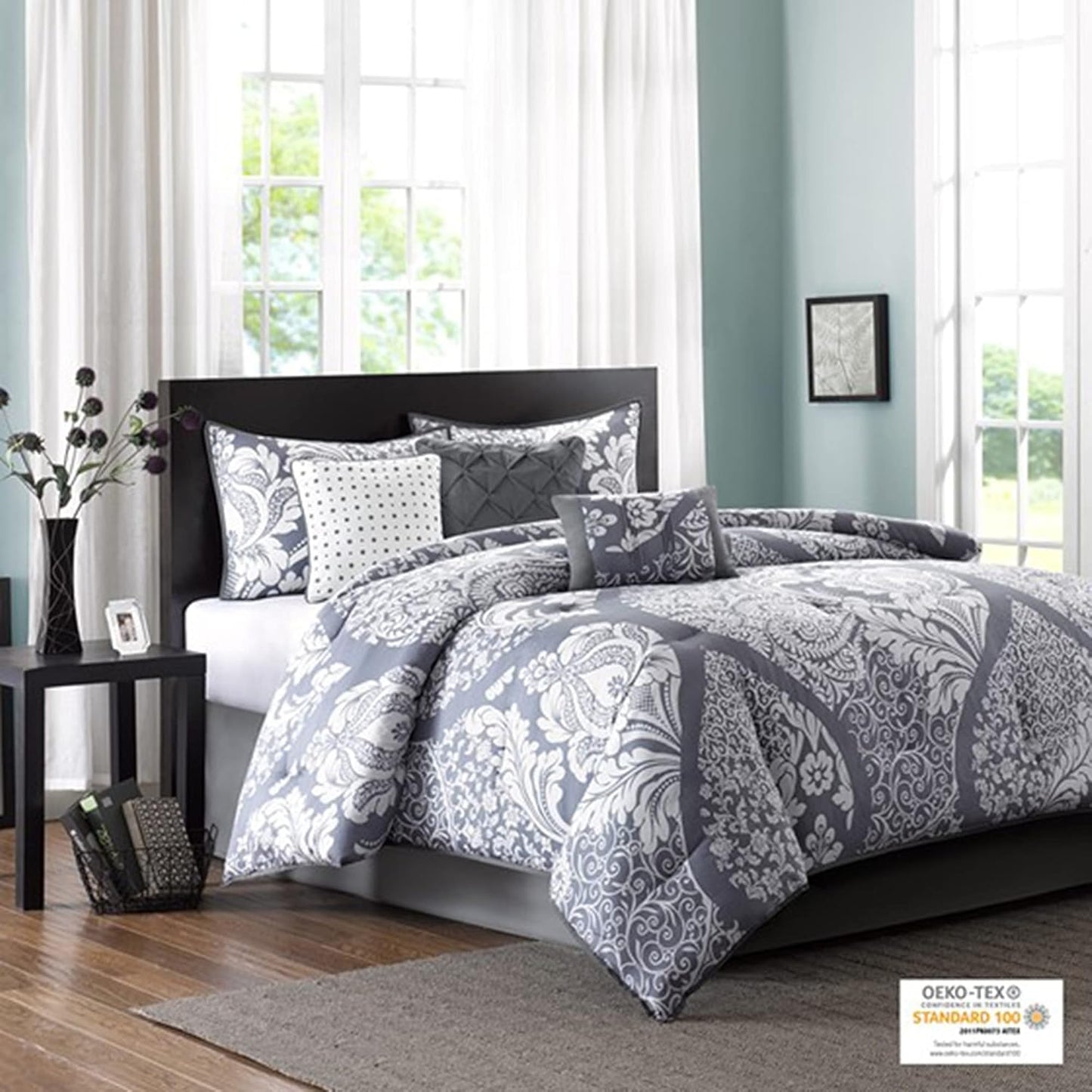 Dluxe Ave. (  CALI./ KING) 7 Pcs Vienna Sateen Cotton Comforter Set/ for All Season Down Alternative/ Grey