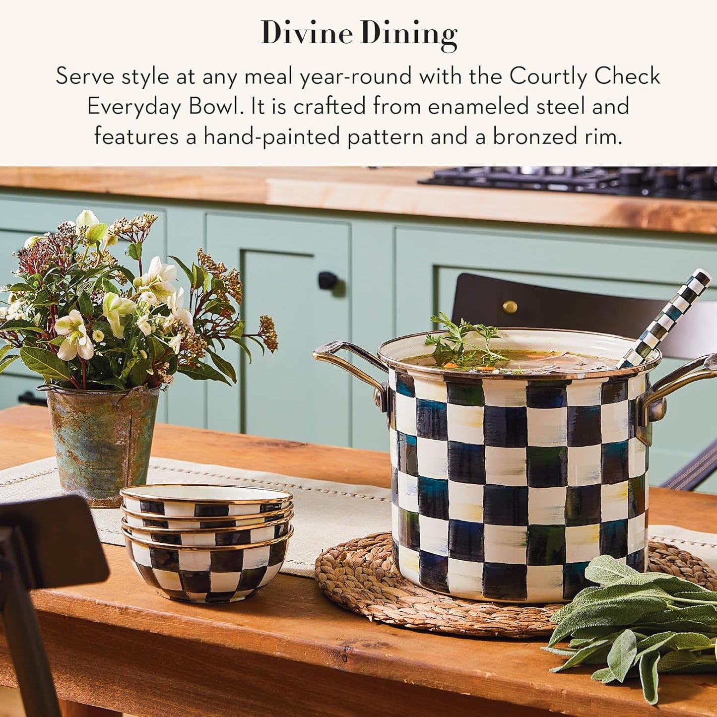 Dluxe Ave. Enamel Serving Bowl for Entertaining/Black-and-White Courtly Check