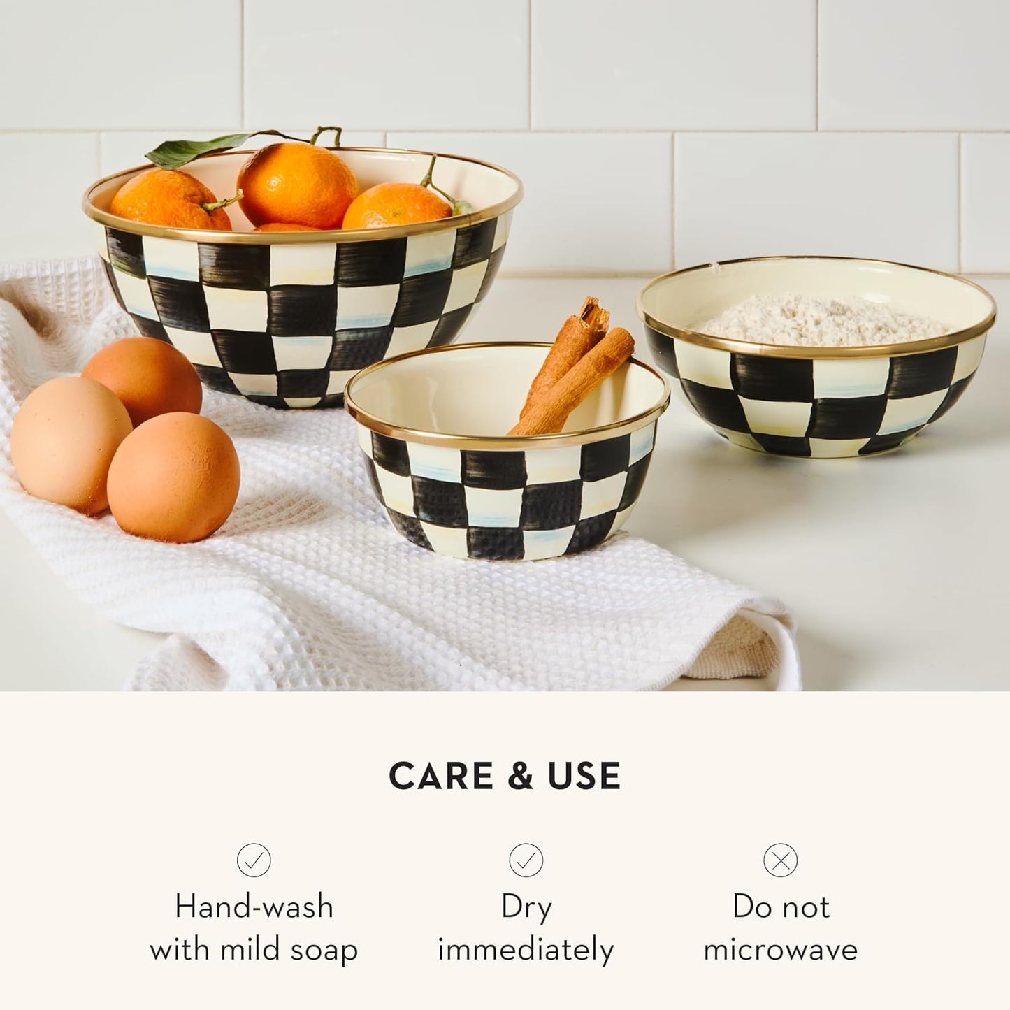 Dluxe Ave. Enamel Serving Bowl for Entertaining/Black-and-White Courtly Check