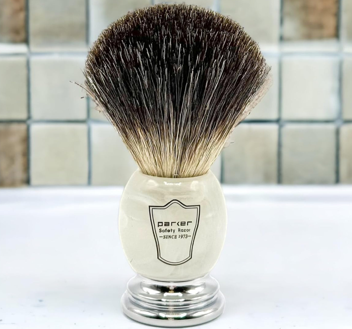 Dluxe Ave.  100% Black Badger Bristle Shaving Brush with Ivory Marbled Handle