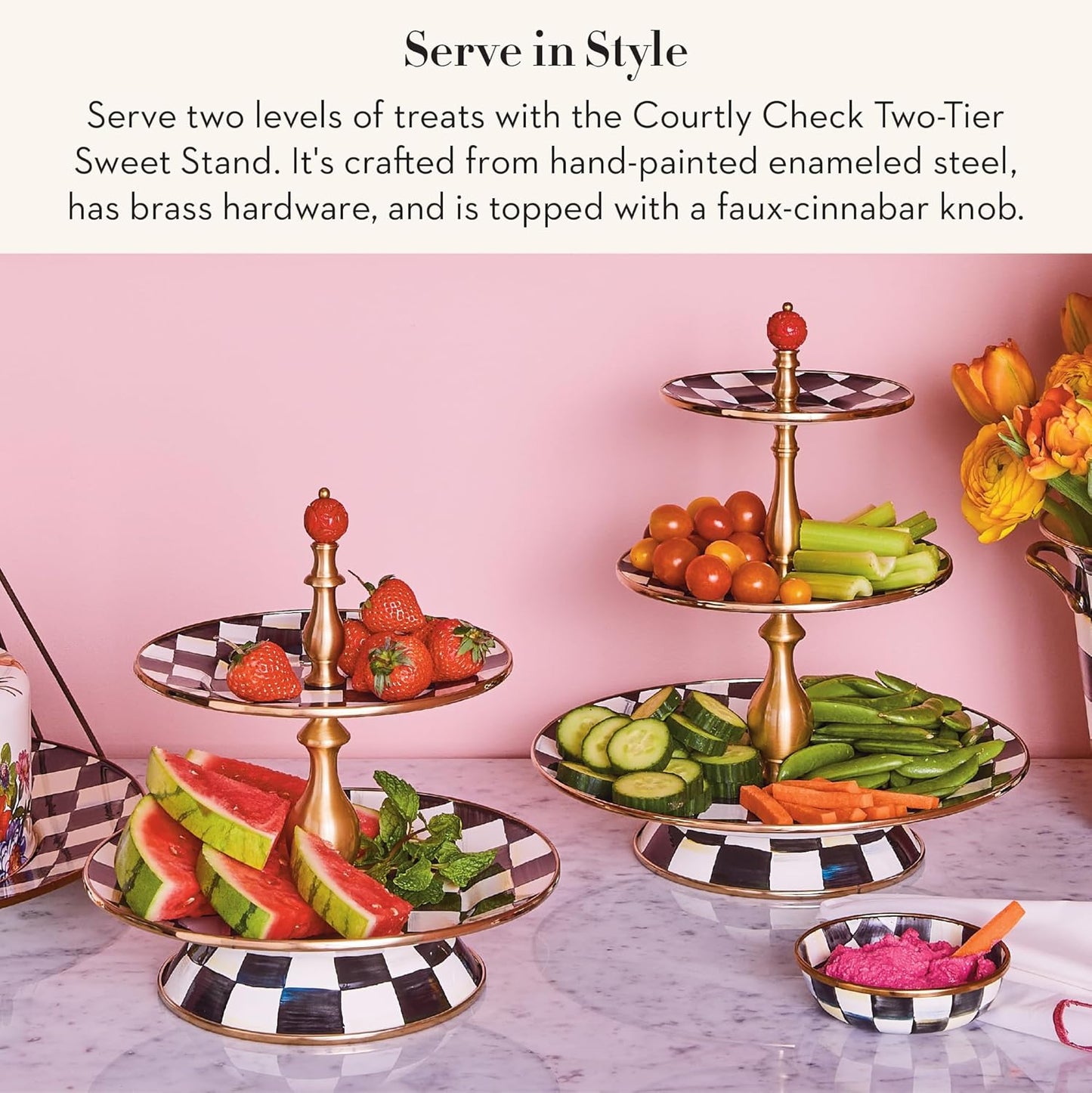 Dluxe Ave.  Enamel Two-Tier Serving Tray for Dessert / Black-and-White Courtly Check