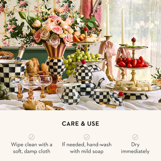 Dluxe Ave.  Enamel Two-Tier Serving Tray for Dessert / Black-and-White Courtly Check