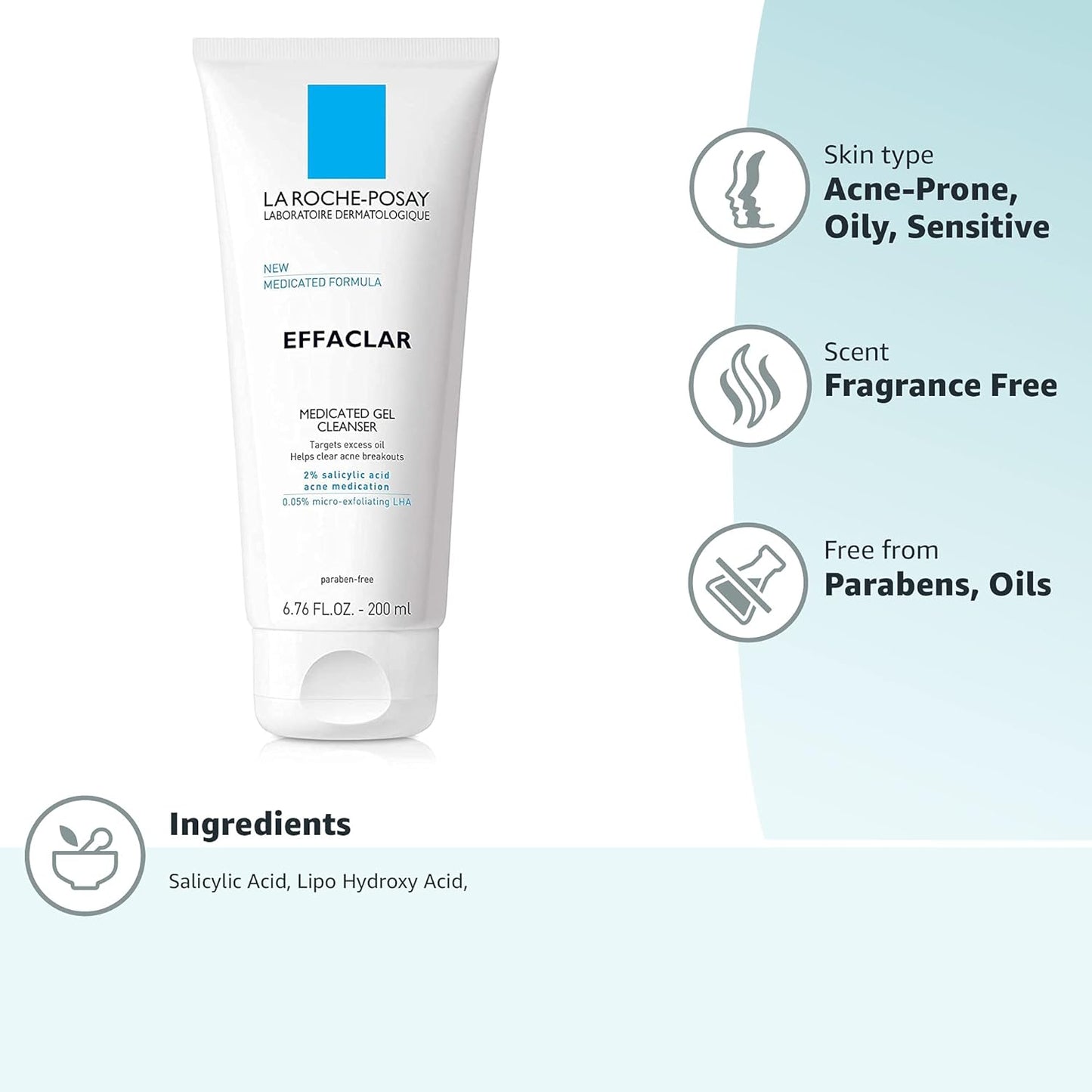 Dluxe Ave.La Roche-Posay Effaclar Medicated Gel Cleanser 2% Salicylic Acid Cleanser + LHA + Glycerin Foaming Acne Face Wash Helps Clear & Prevent Acne Breakouts Oil Free Targets Excess Oil