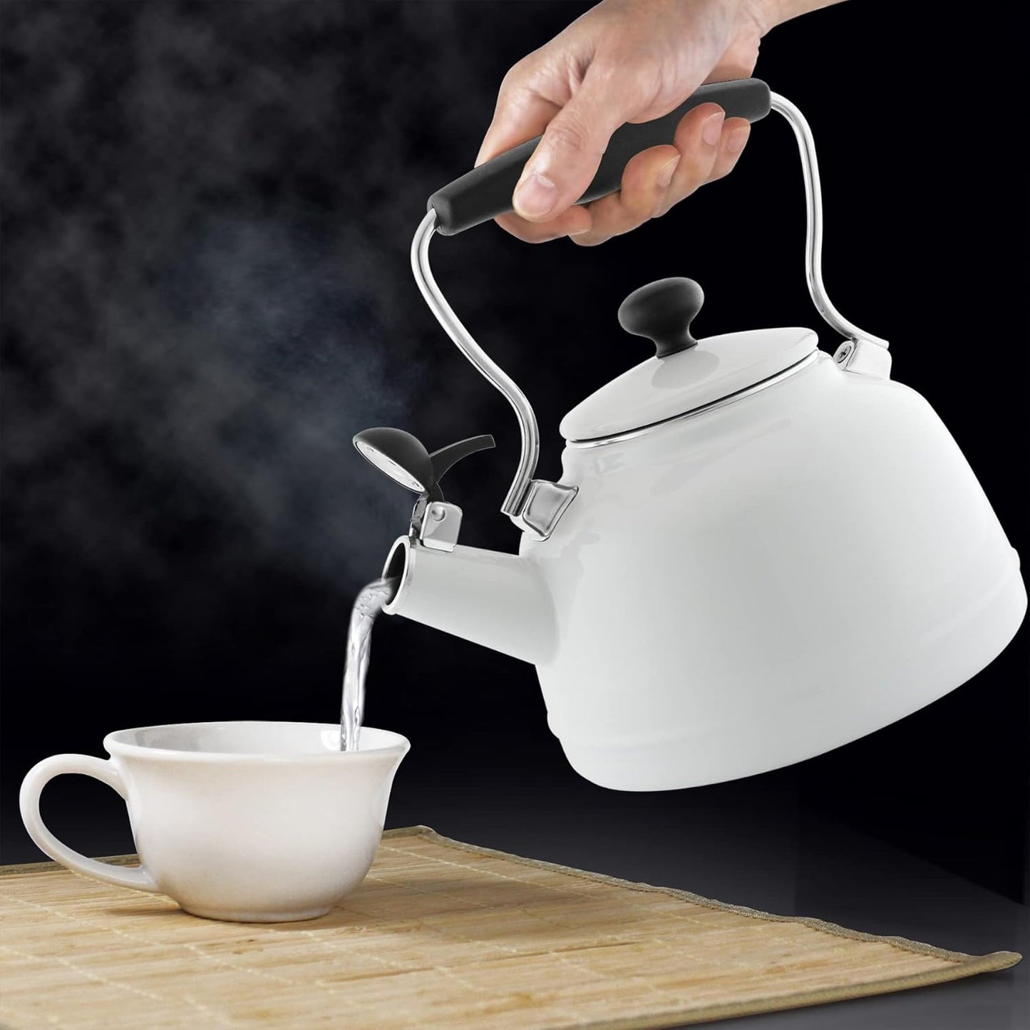Dluxe Ave. ( Limited Edition)  Tea Kettle 1.7 QT Vintage Enamel on Carbon Steel Whistling Even Heating & Quick Boil (White)