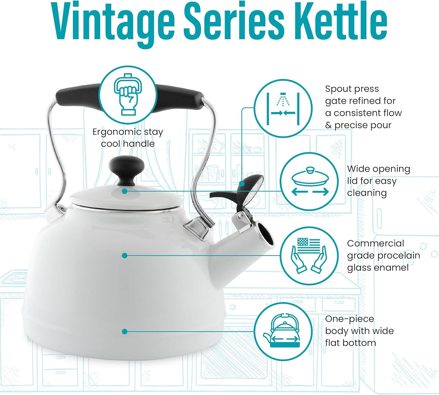 Dluxe Ave. ( Limited Edition)  Tea Kettle 1.7 QT Vintage Enamel on Carbon Steel Whistling Even Heating & Quick Boil (White)