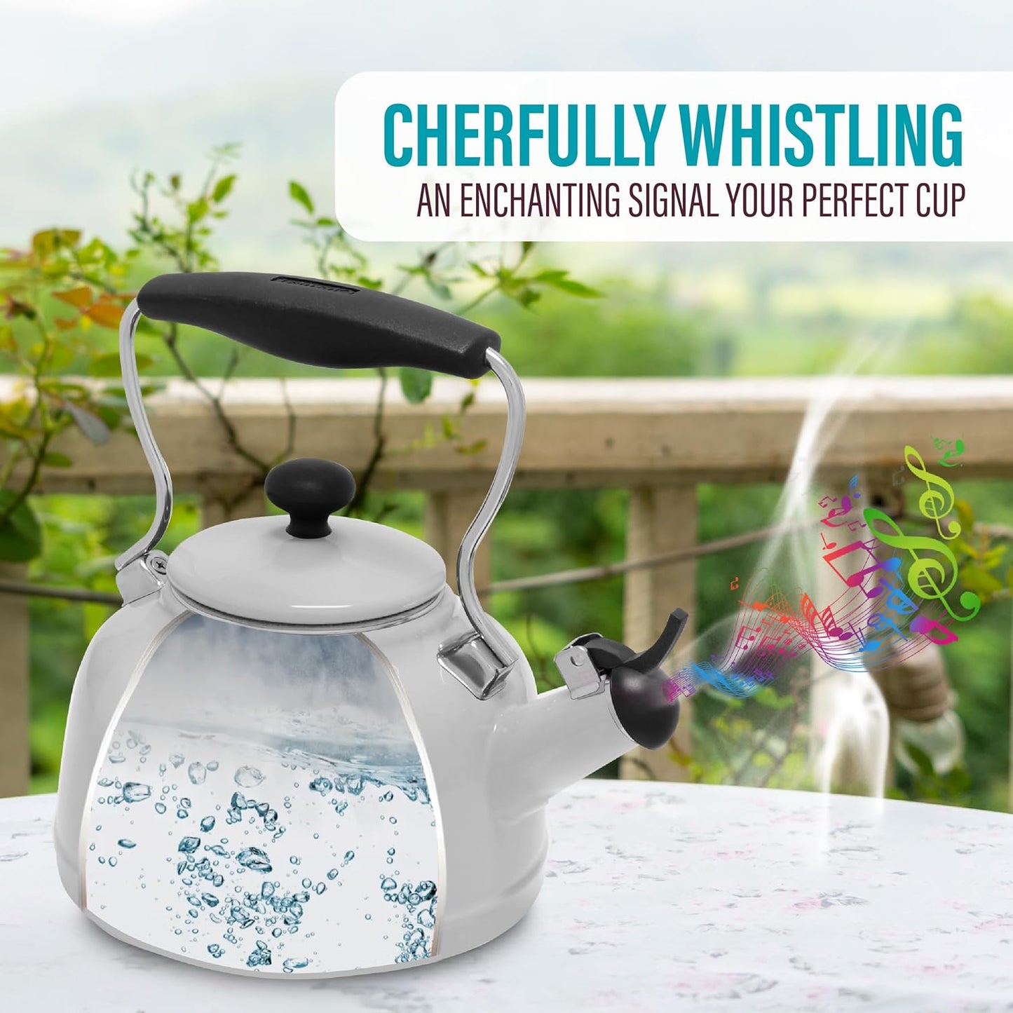 Dluxe Ave. ( Limited Edition)  Tea Kettle 1.7 QT Vintage Enamel on Carbon Steel Whistling Even Heating & Quick Boil (White)