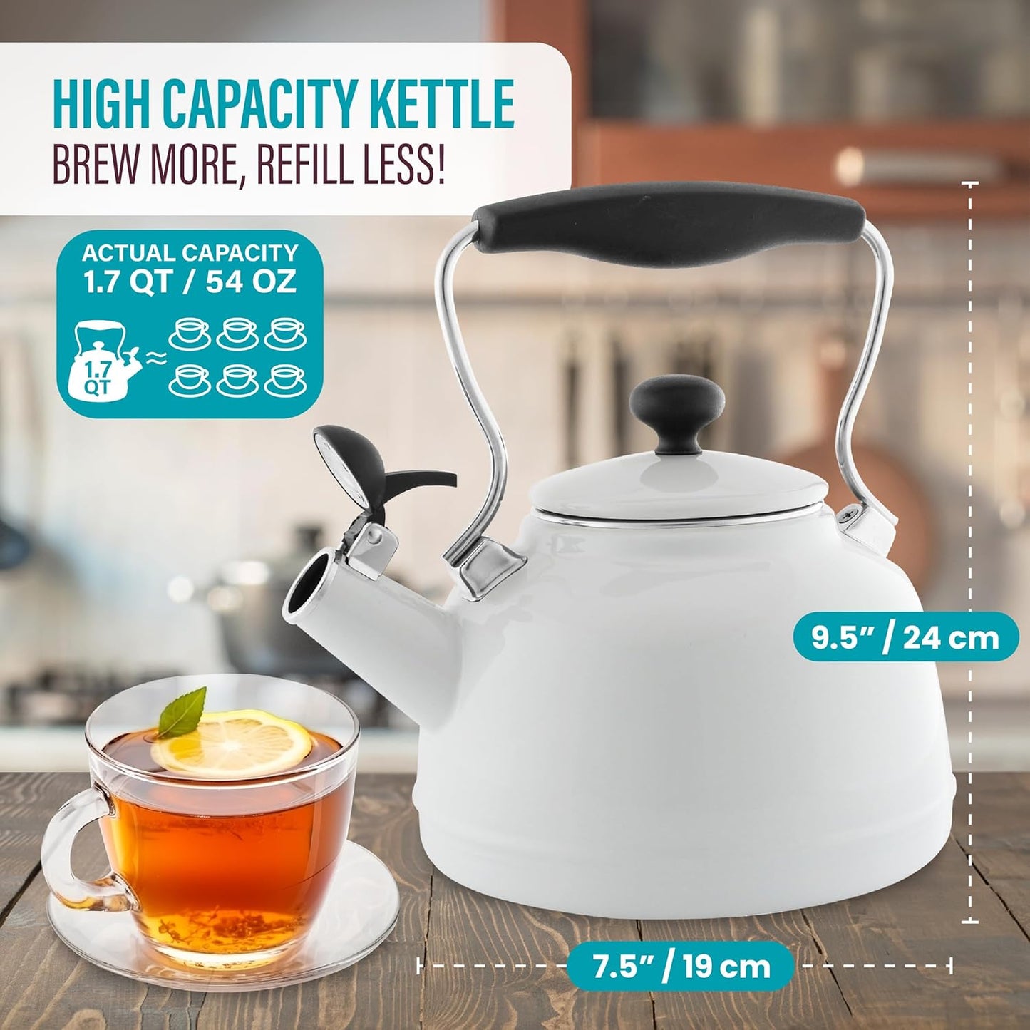 Dluxe Ave. ( Limited Edition)  Tea Kettle 1.7 QT Vintage Enamel on Carbon Steel Whistling Even Heating & Quick Boil (White)