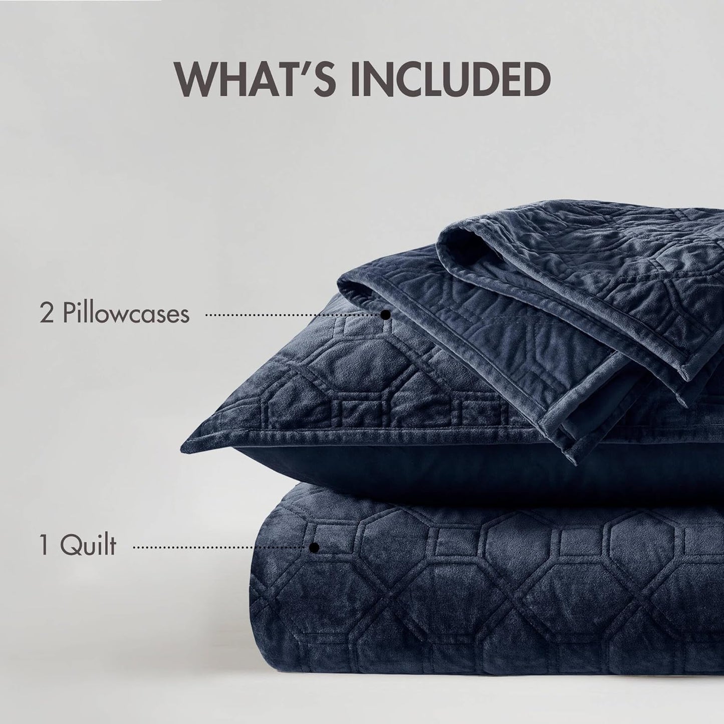 Dluxe Ave. ( FULL/ QUEEN ) 3 Pcs Quilt Set, Velvet Casual Geometric Stitching, All Season Lightweight, Navy 90x90