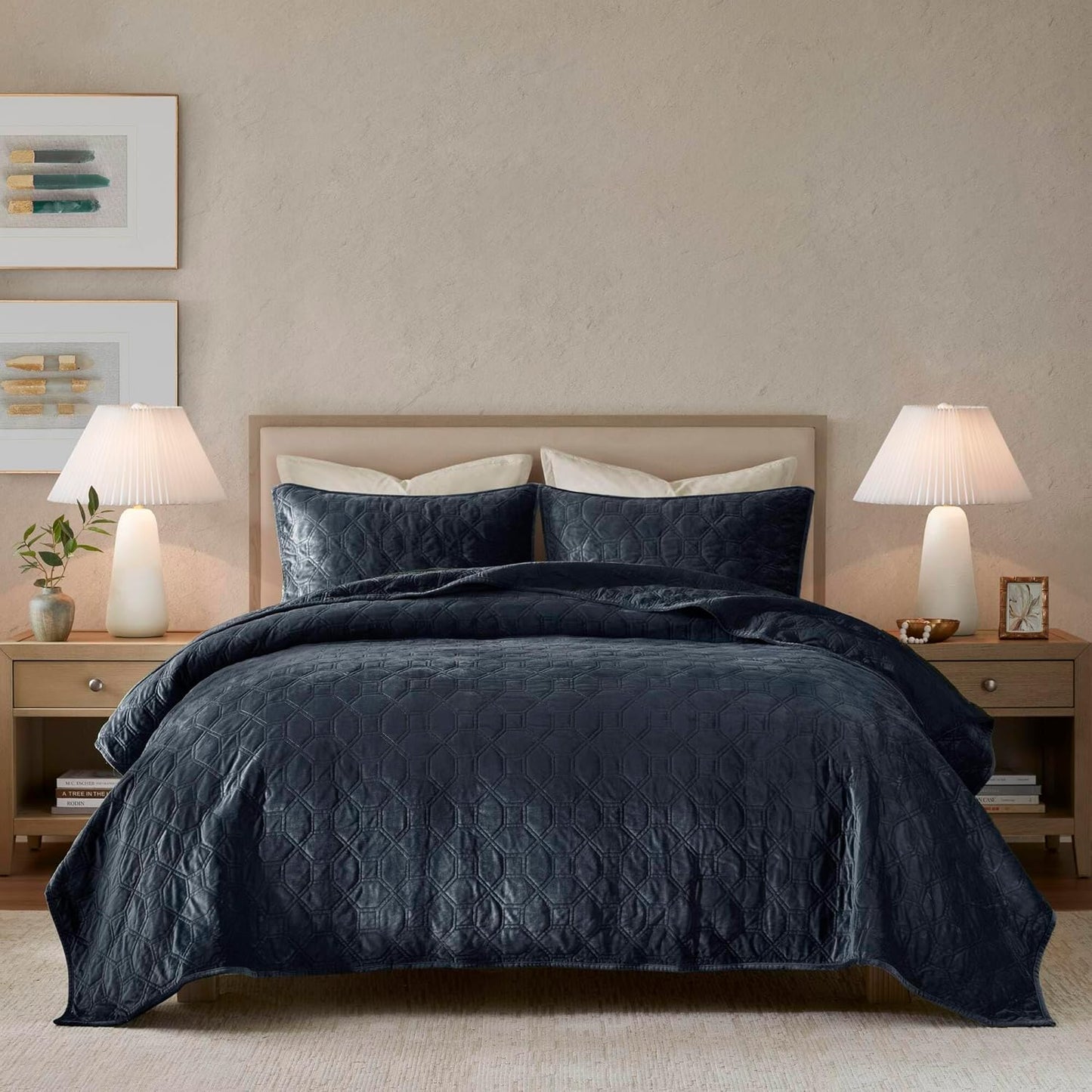Dluxe Ave. ( FULL/ QUEEN ) 3 Pcs Quilt Set, Velvet Casual Geometric Stitching, All Season Lightweight, Navy 90x90