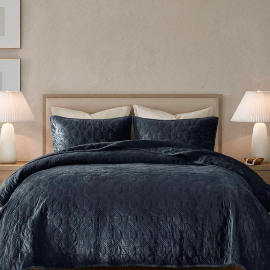 Dluxe Ave. ( FULL/ QUEEN ) 3 Pcs Quilt Set, Velvet Casual Geometric Stitching, All Season Lightweight, Navy 90x90