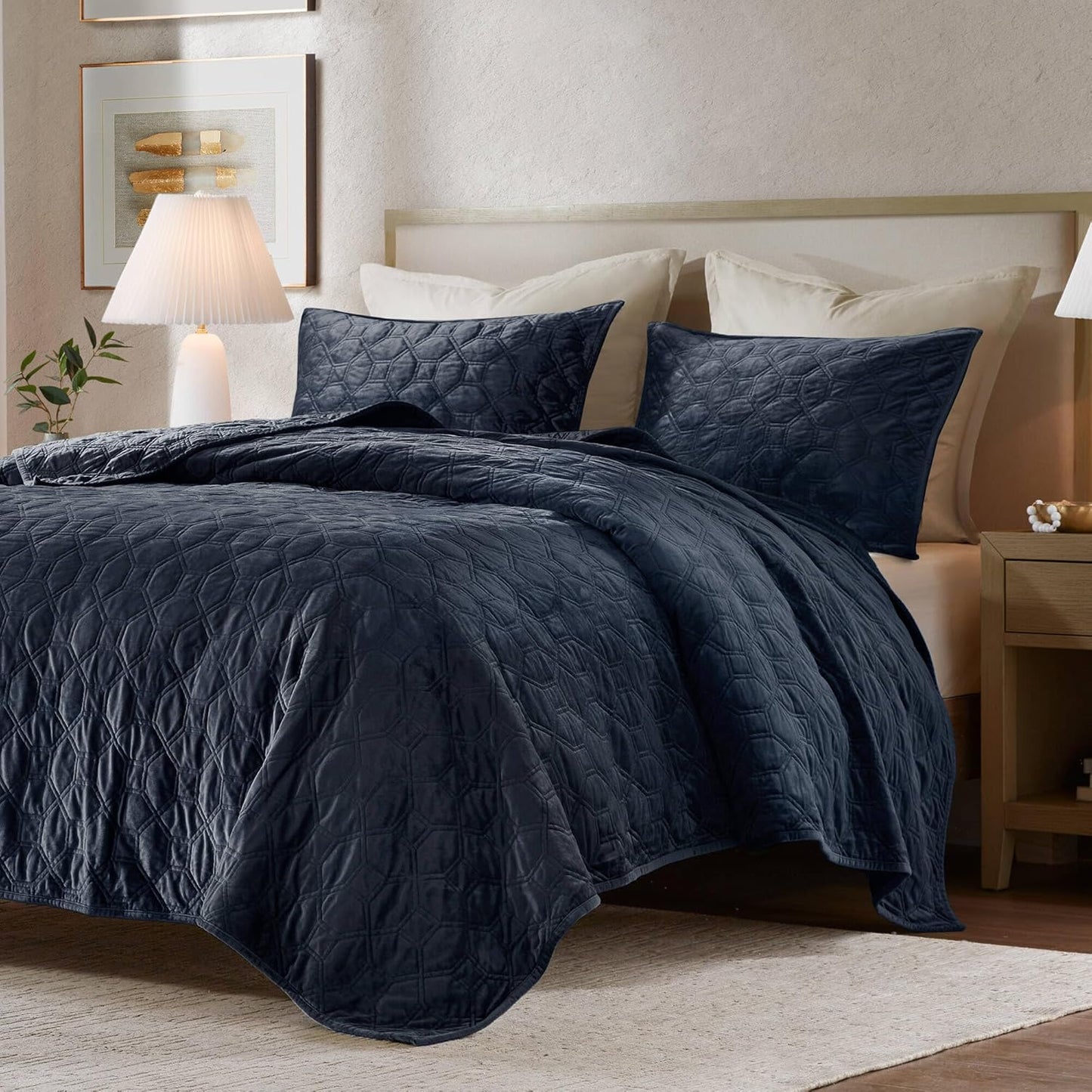 Dluxe Ave. ( FULL/ QUEEN ) 3 Pcs Quilt Set, Velvet Casual Geometric Stitching, All Season Lightweight, Navy 90x90