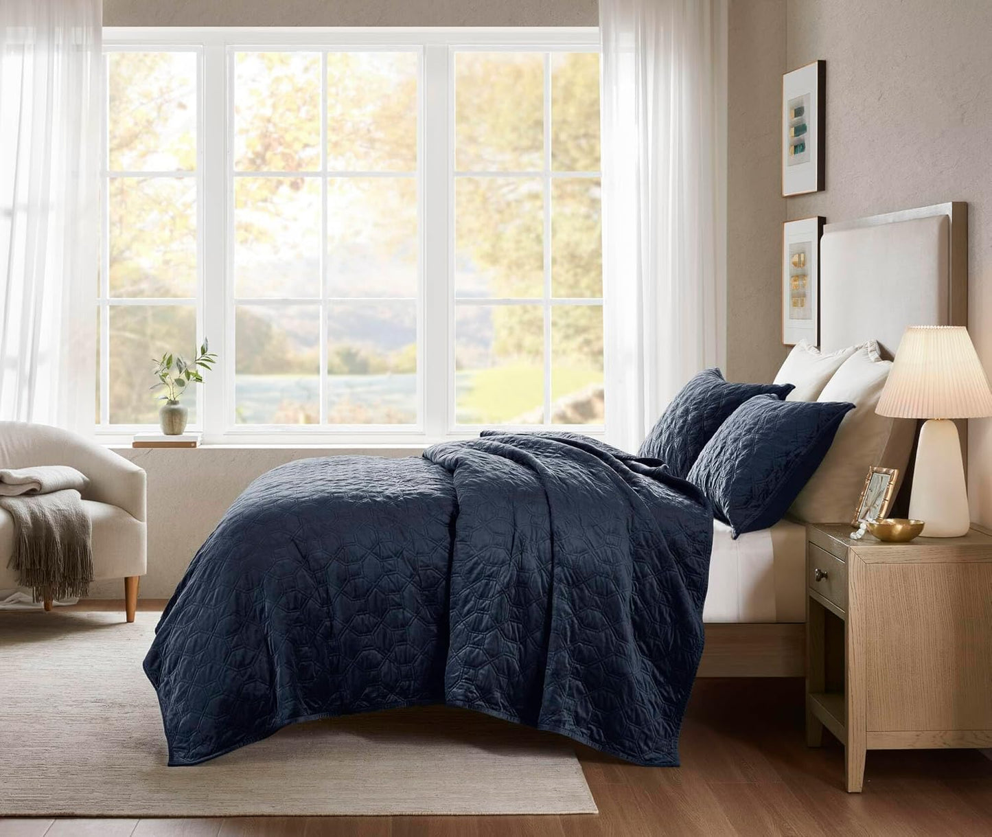 Dluxe Ave. ( FULL/ QUEEN ) 3 Pcs Quilt Set, Velvet Casual Geometric Stitching, All Season Lightweight, Navy 90x90