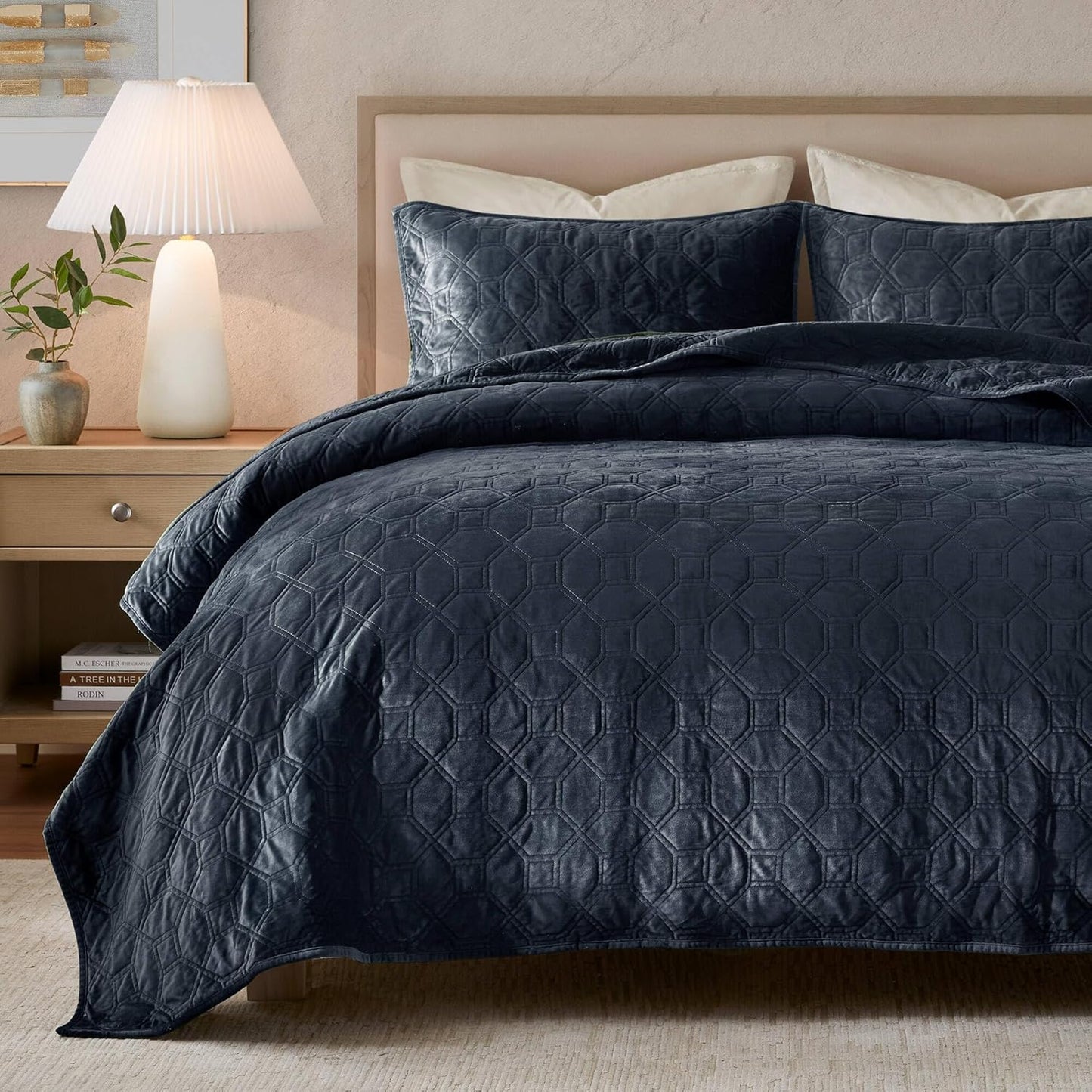 Dluxe Ave. ( FULL/ QUEEN ) 3 Pcs Quilt Set, Velvet Casual Geometric Stitching, All Season Lightweight, Navy 90x90