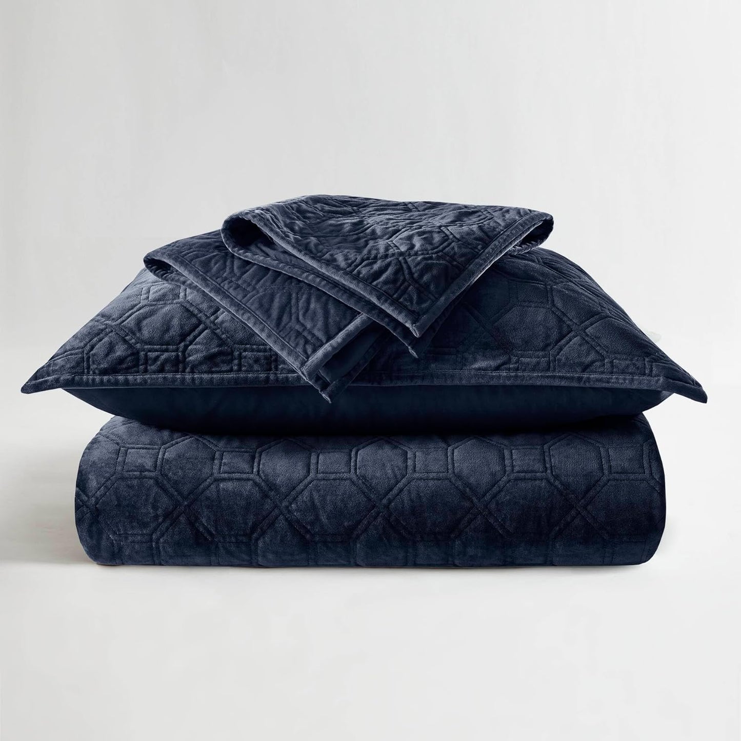 Dluxe Ave. ( FULL/ QUEEN ) 3 Pcs Quilt Set, Velvet Casual Geometric Stitching, All Season Lightweight, Navy 90x90
