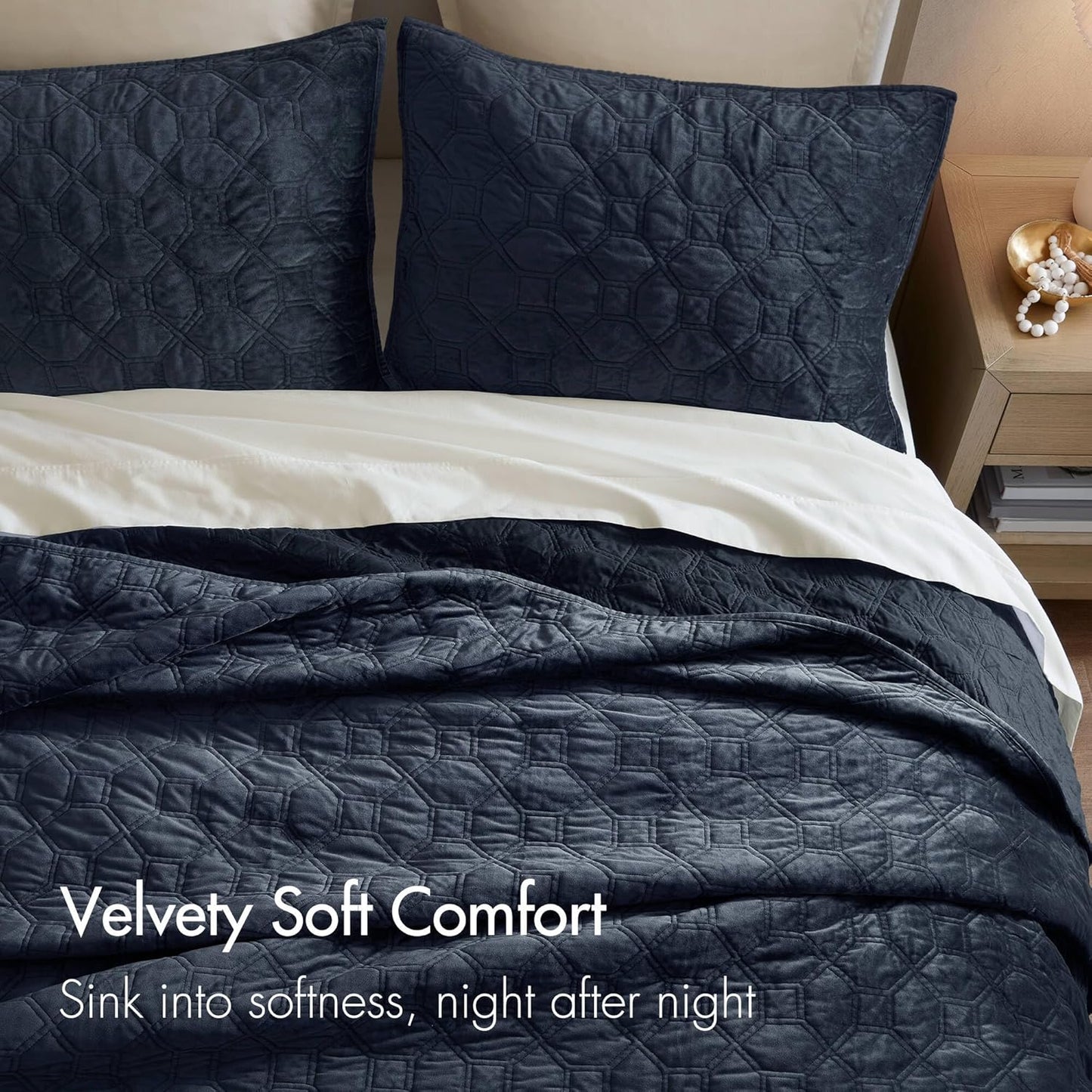 Dluxe Ave. ( FULL/ QUEEN ) 3 Pcs Quilt Set, Velvet Casual Geometric Stitching, All Season Lightweight, Navy 90x90