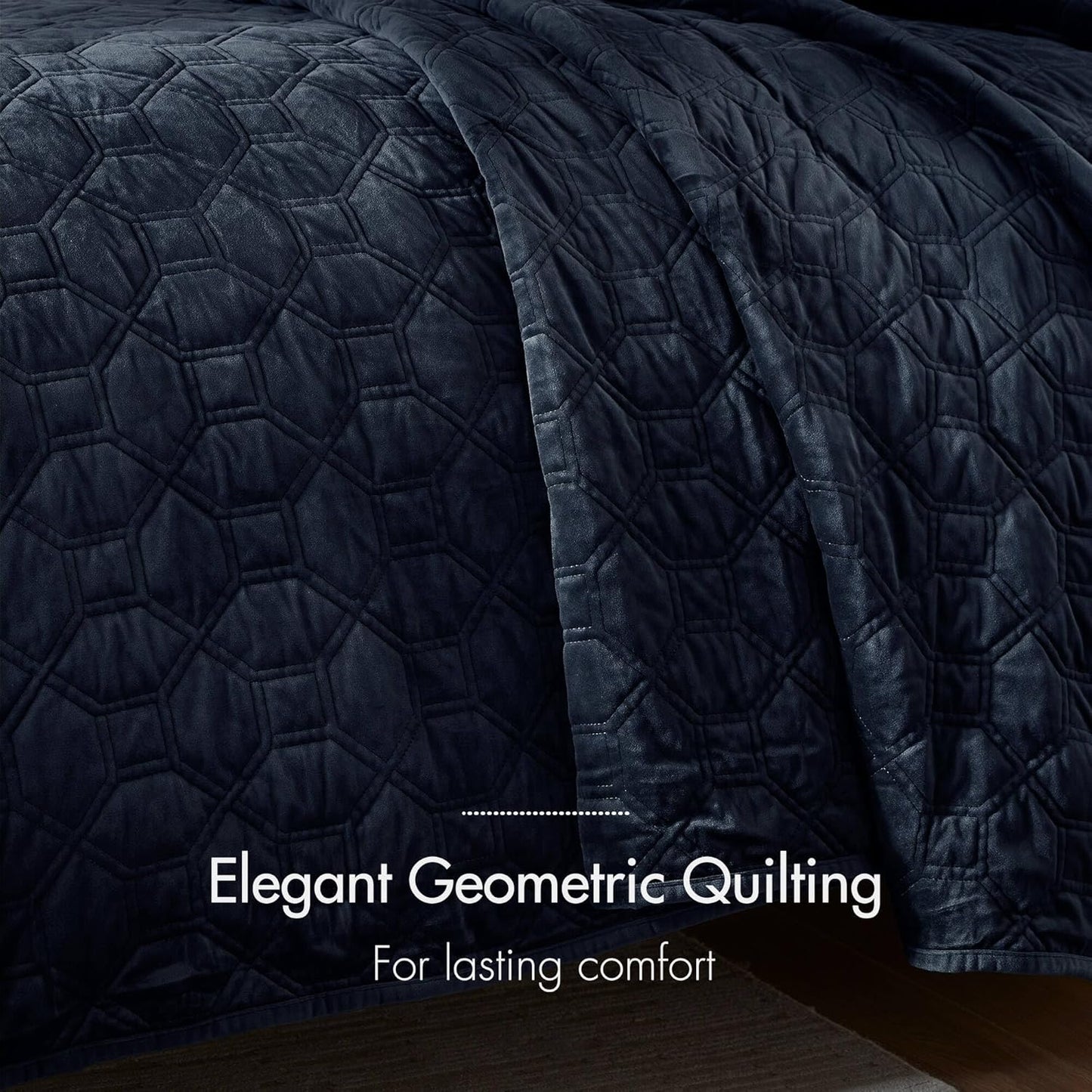 Dluxe Ave. ( FULL/ QUEEN ) 3 Pcs Quilt Set, Velvet Casual Geometric Stitching, All Season Lightweight, Navy 90x90