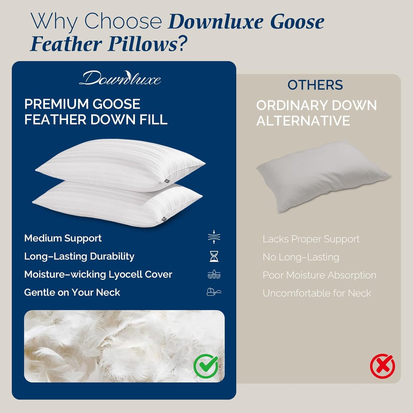 Dluxe Ave. ( QUEEN ) Goose Down Feather Pillows/ Set of 2/ Luxury Hotel Collection (20"x28")