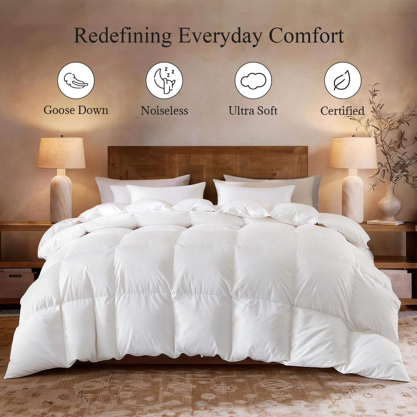 Dluxe Ave. ( KING ) Winter White Goose Down Comforter, Down Duvet Insert 800 Fill Power 400 Thread Count, Ultra Soft Noiseless Shell with Corner Tabs/ White