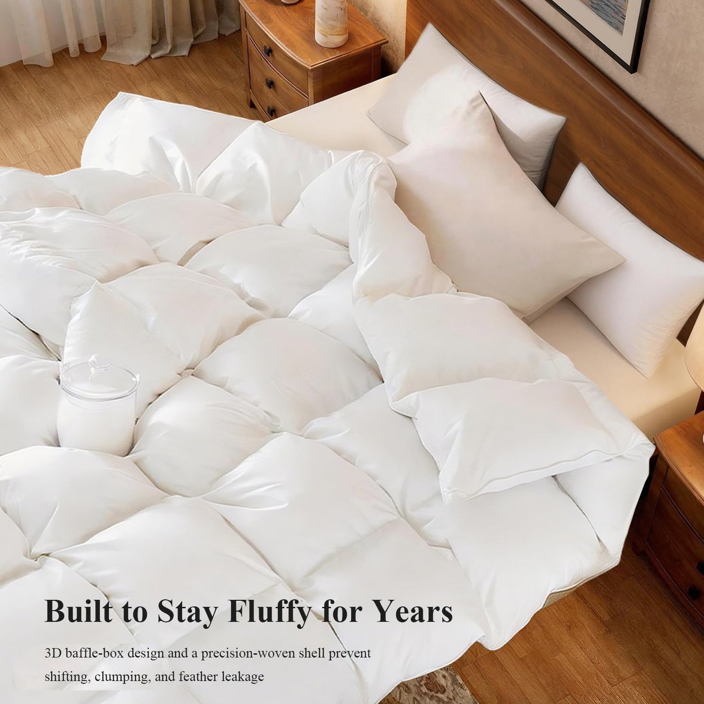 Dluxe Ave. ( KING ) Winter White Goose Down Comforter, Down Duvet Insert 800 Fill Power 400 Thread Count, Ultra Soft Noiseless Shell with Corner Tabs/ White