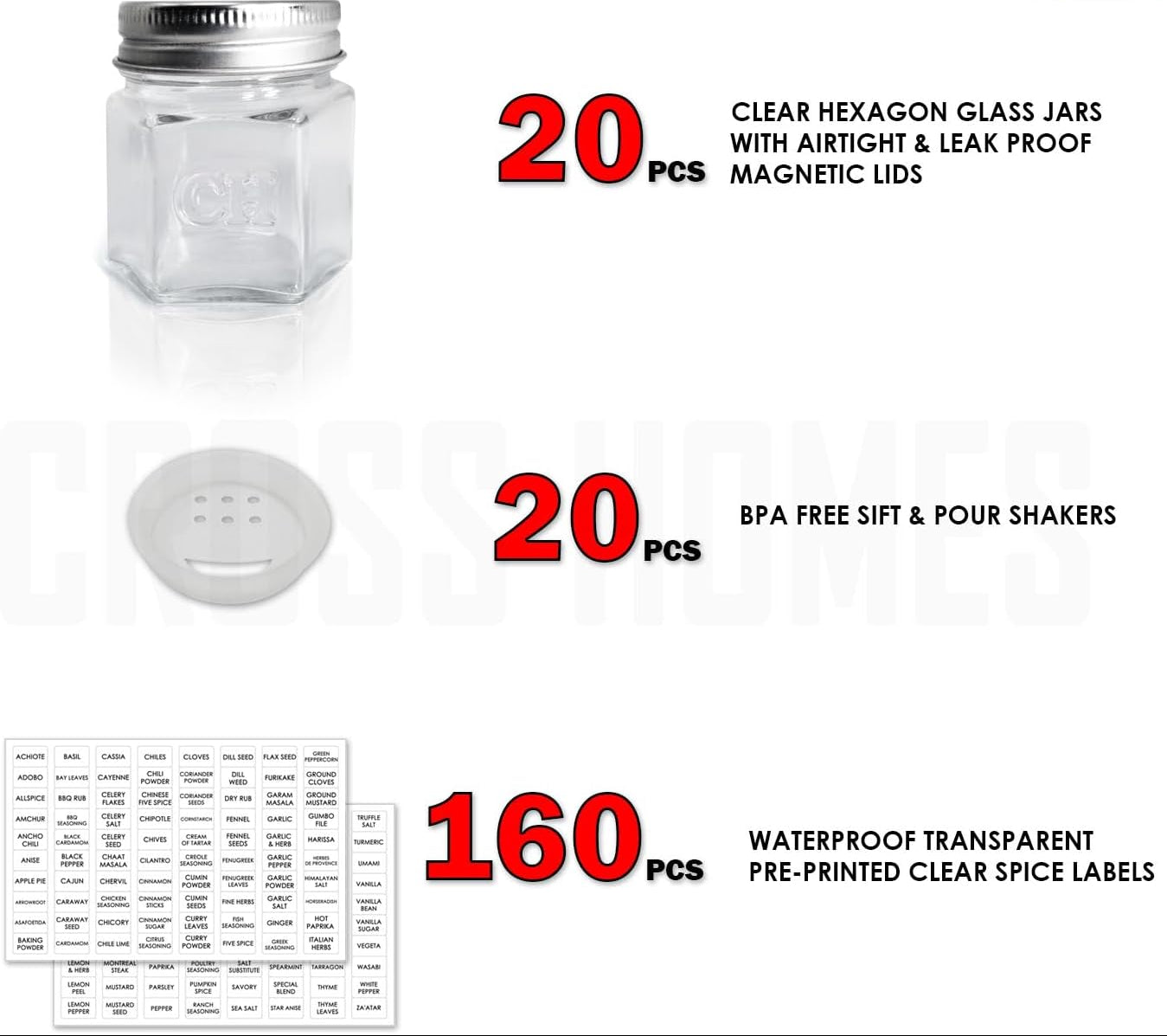 Dluxe Ave. 20 Set Magnetic Spice Jars / Hexagon Glass Spice Jars with Magnetic Lids