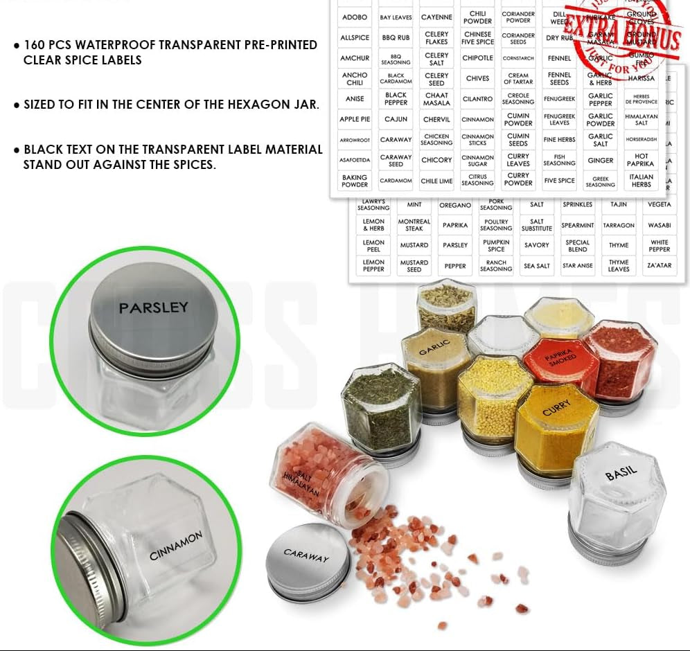 Dluxe Ave. 20 Set Magnetic Spice Jars / Hexagon Glass Spice Jars with Magnetic Lids