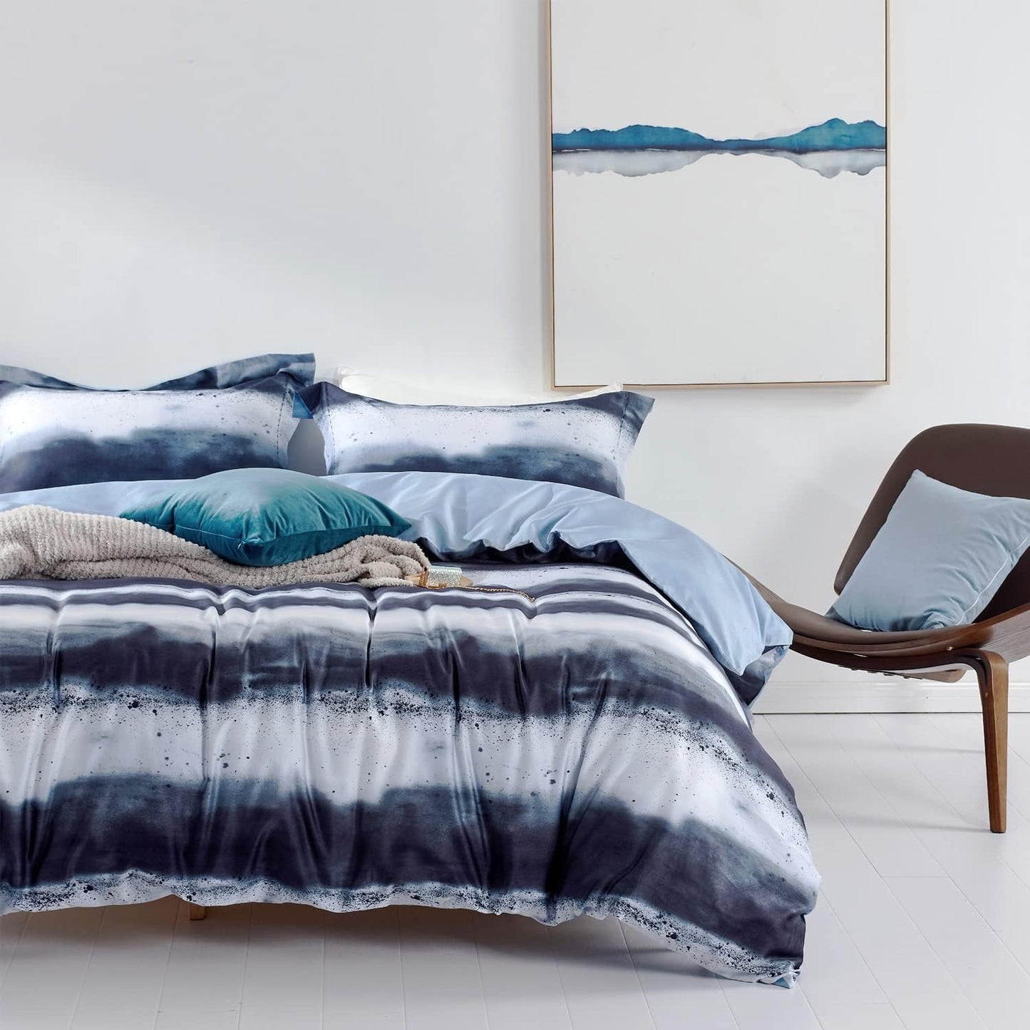 Dluxe Ave. ( KING ) 3 Pcs 100% Long-Staple Cotton {Duvet Cover} Set, Navy & White Striped Watercolor Pattern Printed Comforter Cover