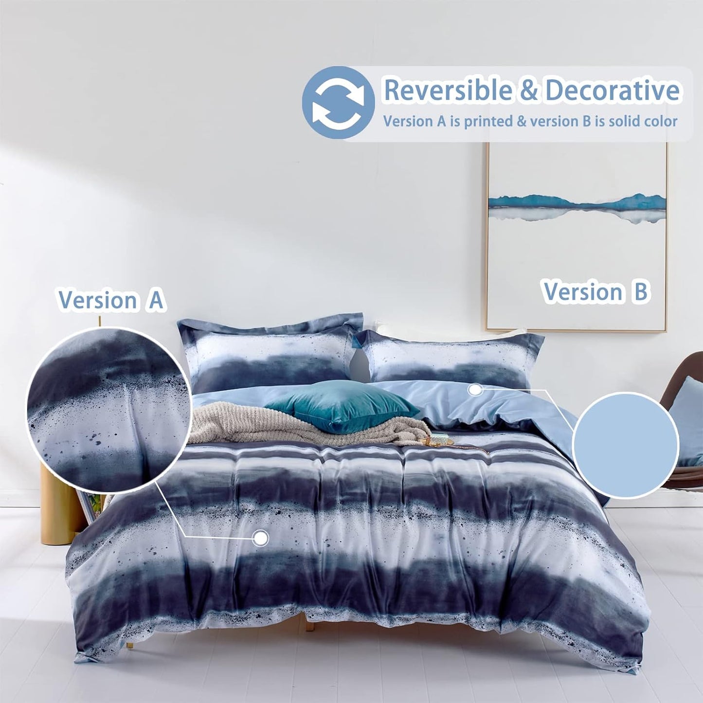 Dluxe Ave. ( KING ) 3 Pcs 100% Long-Staple Cotton {Duvet Cover} Set, Navy & White Striped Watercolor Pattern Printed Comforter Cover