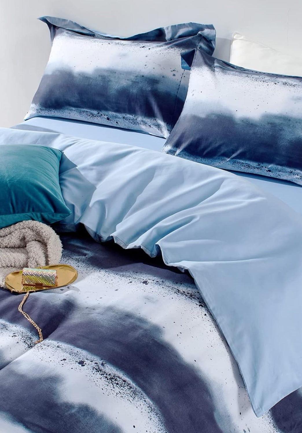 Dluxe Ave. ( KING ) 3 Pcs 100% Long-Staple Cotton {Duvet Cover} Set, Navy & White Striped Watercolor Pattern Printed Comforter Cover