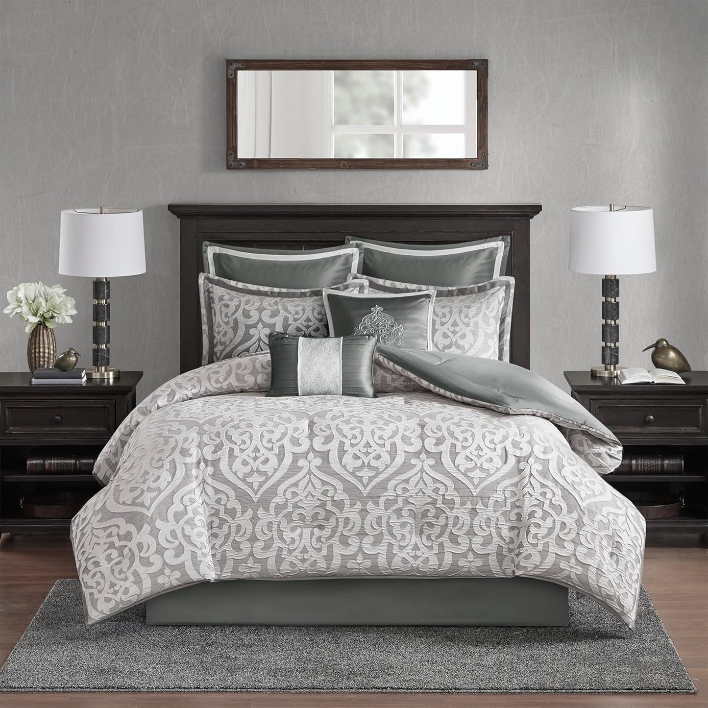 Dluxe Ave. ( KING ) 8 Pcs Cozy Comforter Set, Jacquard Damask Medallion Design for All Season (104 in x 92 in)/ Silver
