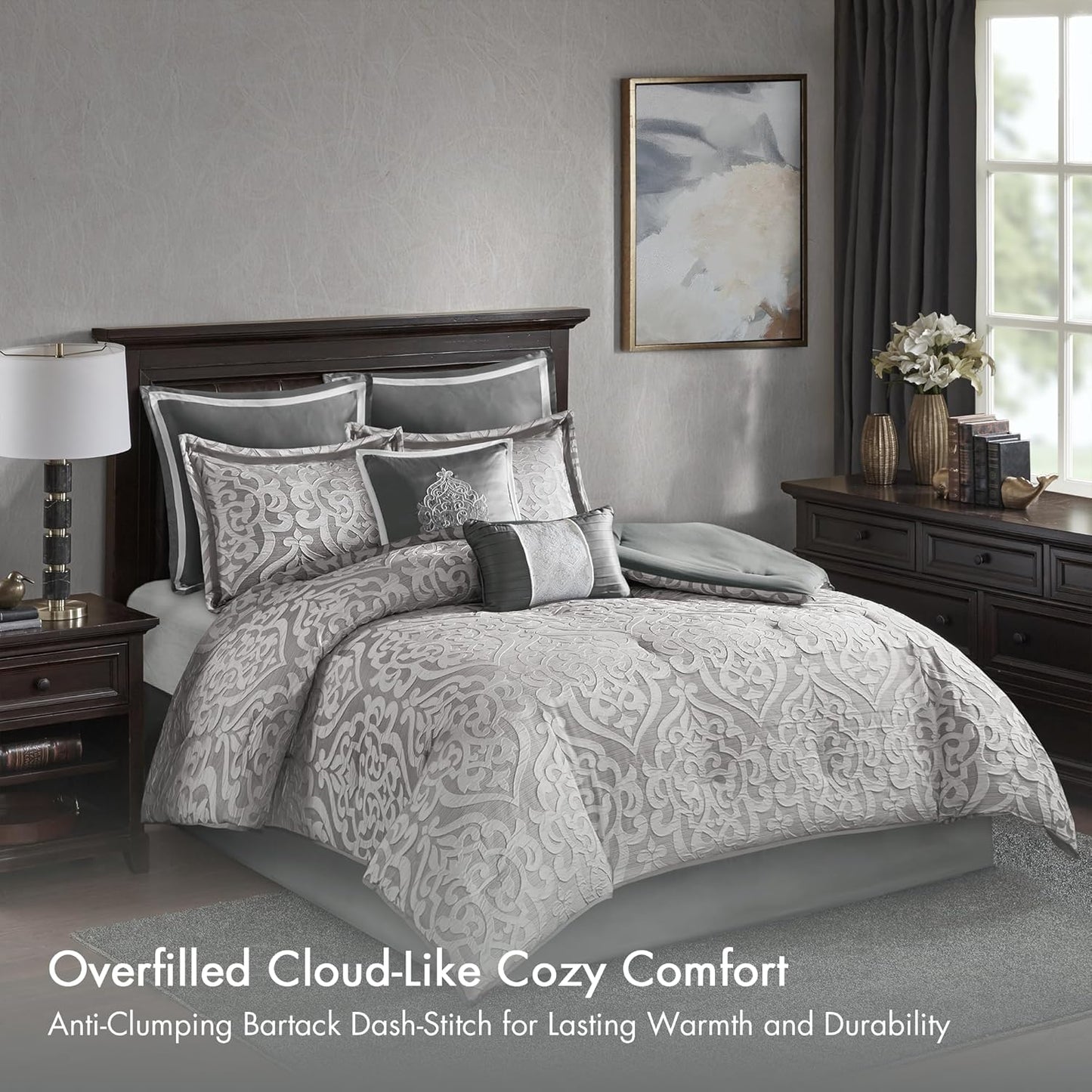 Dluxe Ave. ( KING ) 8 Pcs Cozy Comforter Set, Jacquard Damask Medallion Design for All Season (104 in x 92 in)/ Silver