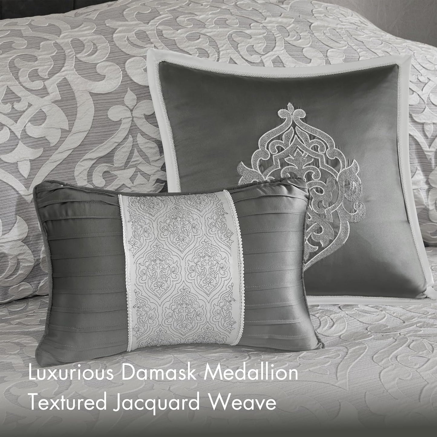 Dluxe Ave. ( KING ) 8 Pcs Cozy Comforter Set, Jacquard Damask Medallion Design for All Season (104 in x 92 in)/ Silver