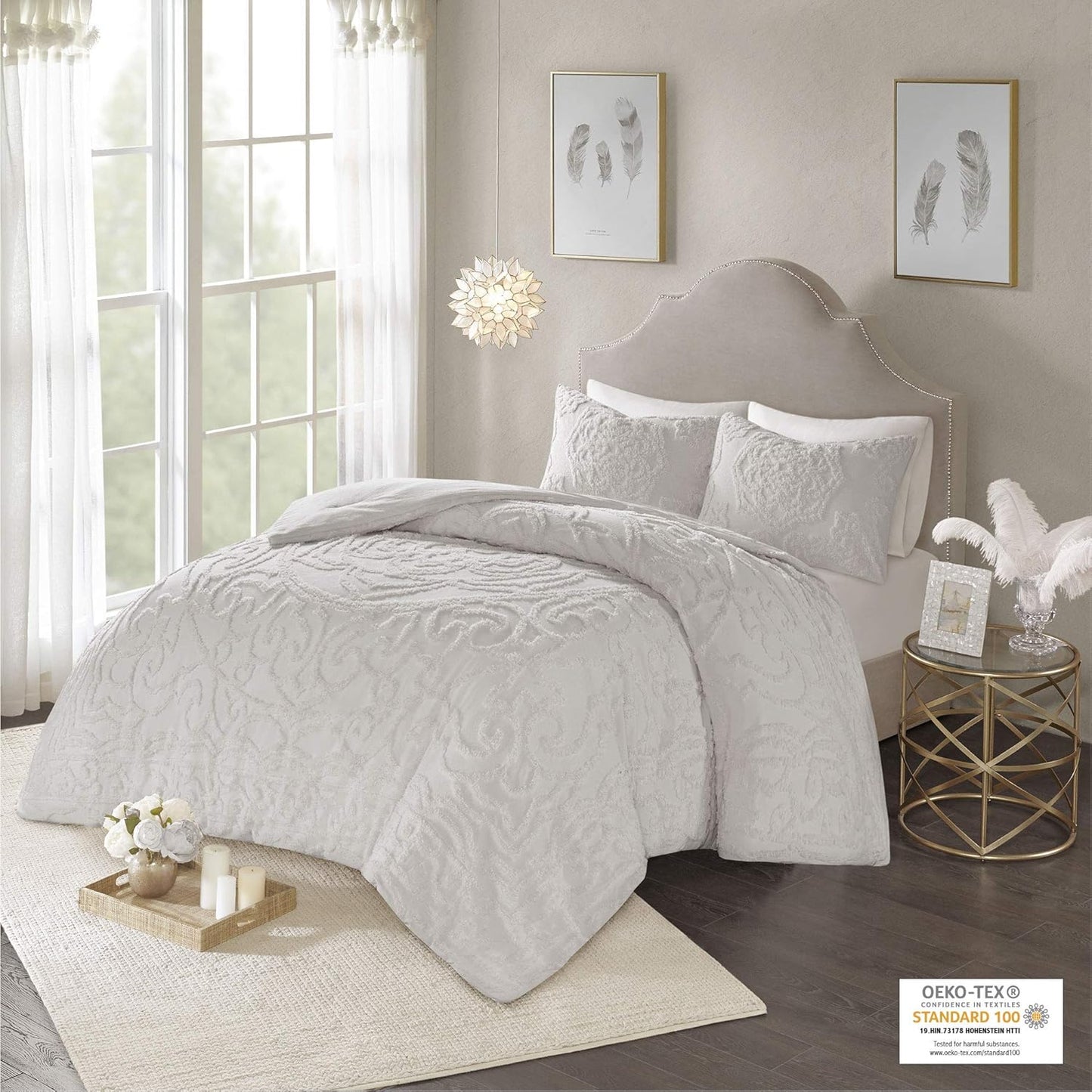 Dluxe Ave. ( CALI./ KING) 3 Pcs Comforter Bohemian Tufted Cotton Set/for All Season/ Grey (104"x92")