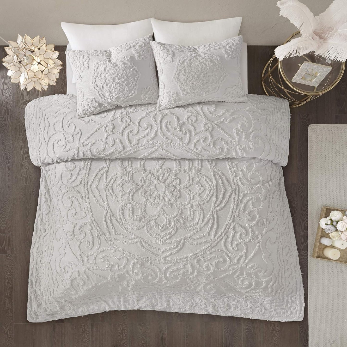 Dluxe Ave. ( CALI./ KING) 3 Pcs Comforter Bohemian Tufted Cotton Set/for All Season/ Grey (104"x92")