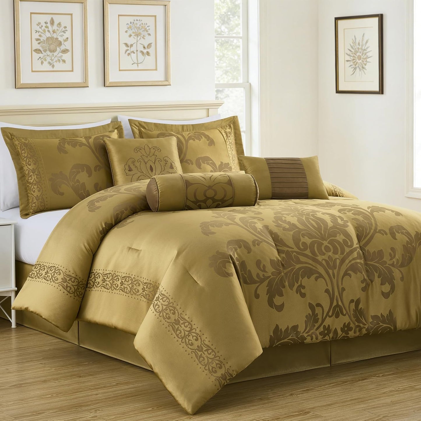 Out of Stock Dluxe Ave. ( FULL) 7-Piece Jacquard Floral Comforter Set / Gold