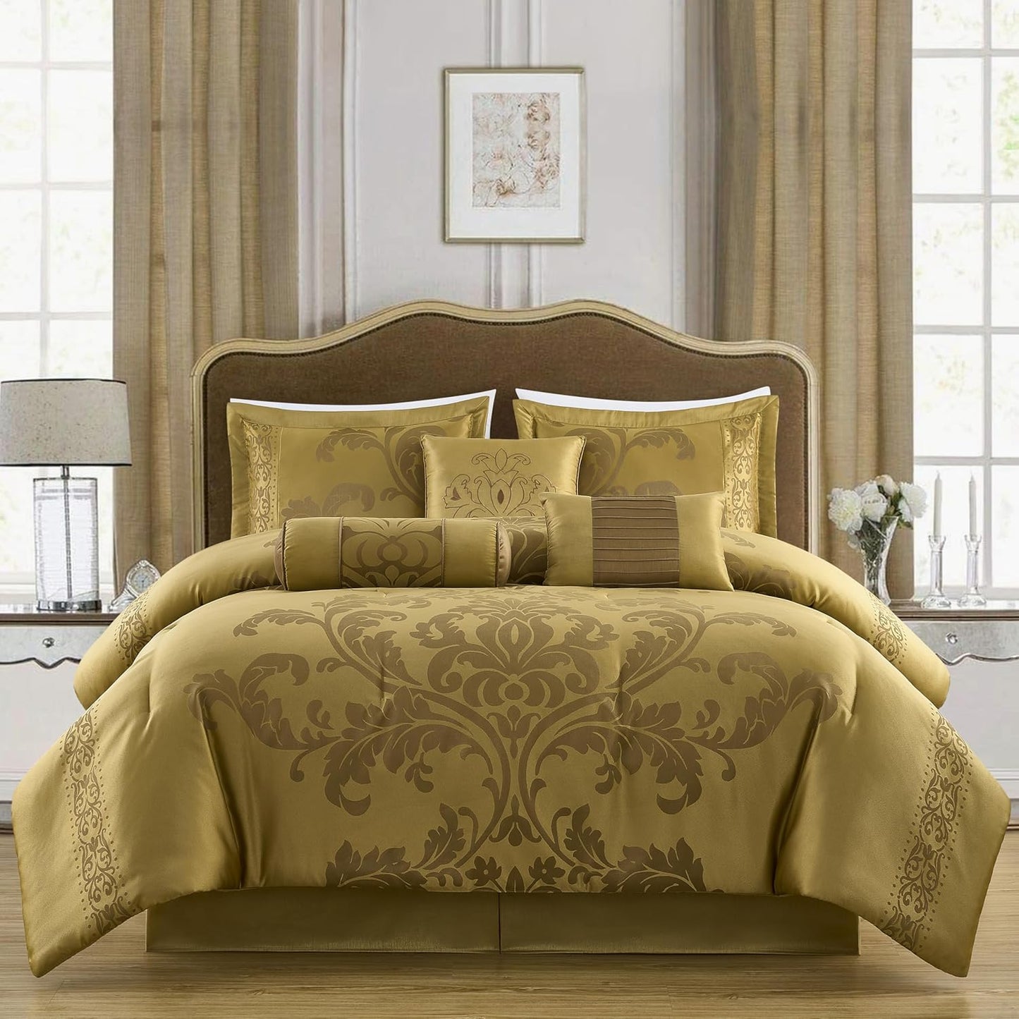 Out of Stock Dluxe Ave. ( FULL) 7-Piece Jacquard Floral Comforter Set / Gold