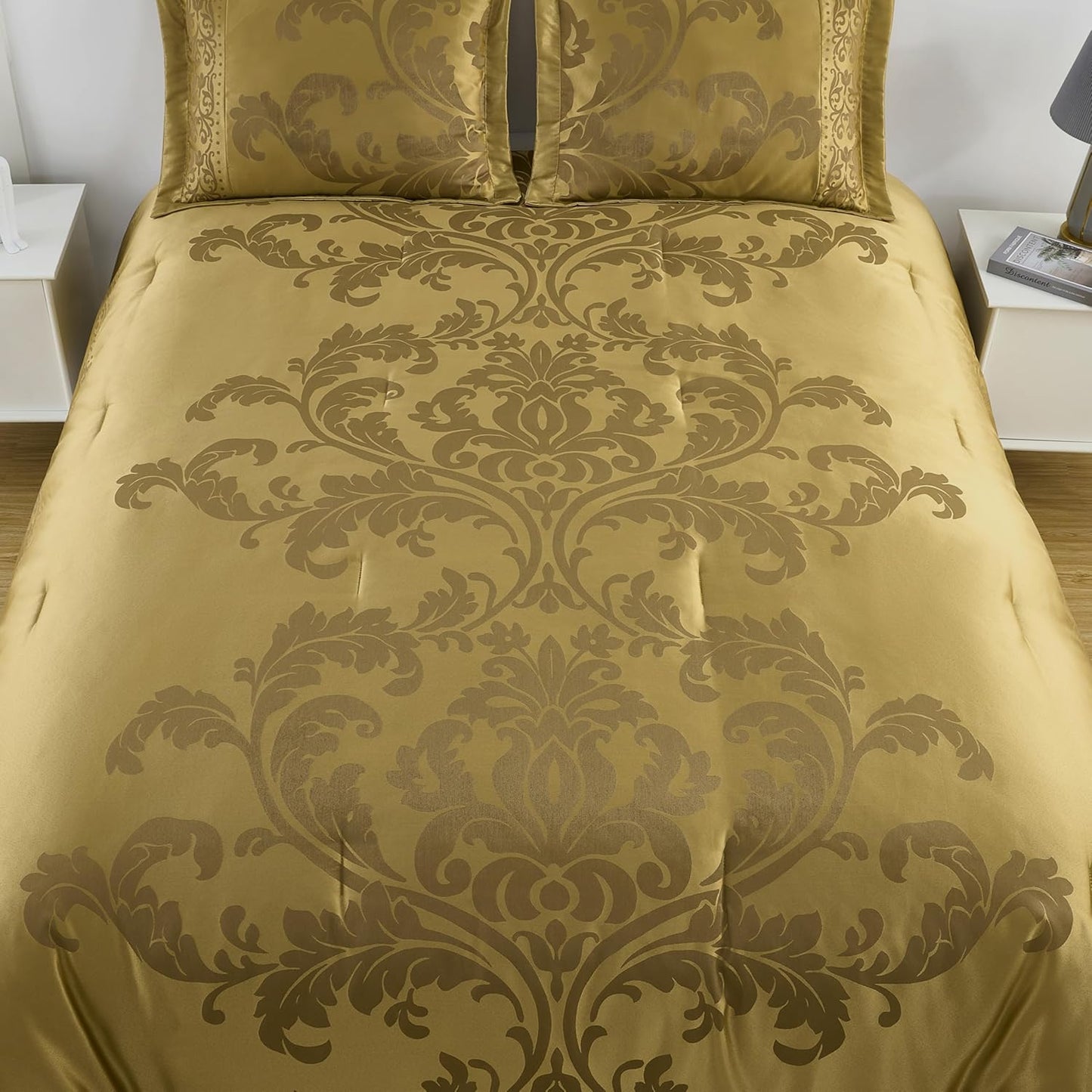 Out of Stock Dluxe Ave. ( FULL) 7-Piece Jacquard Floral Comforter Set / Gold