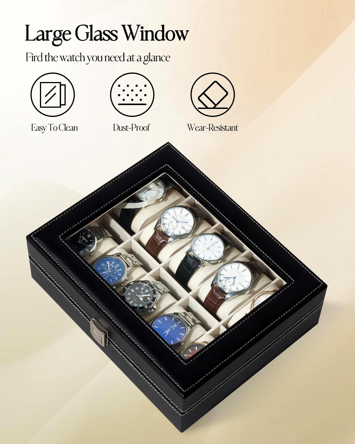 Dluxe Ave. 10 Slot Real Glass Lid Watch Display Case with PU Leather/ Black