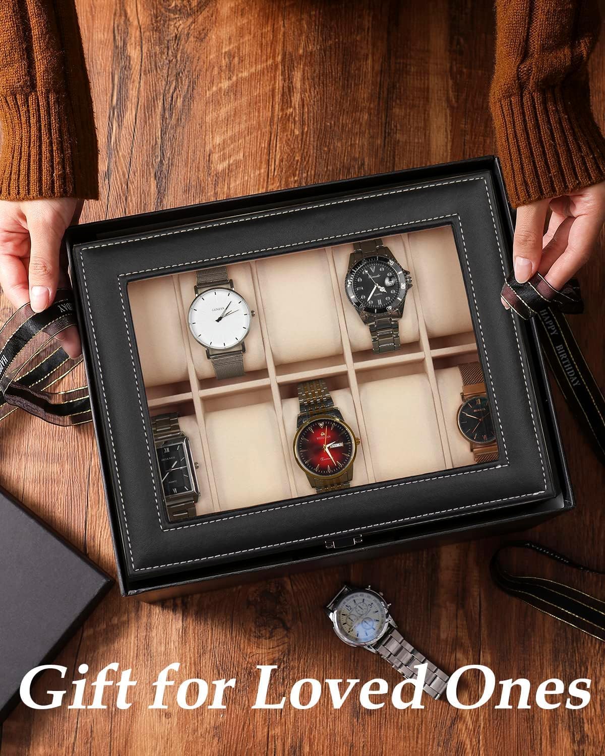 Dluxe Ave. 10 Slot Real Glass Lid Watch Display Case with PU Leather/ Black