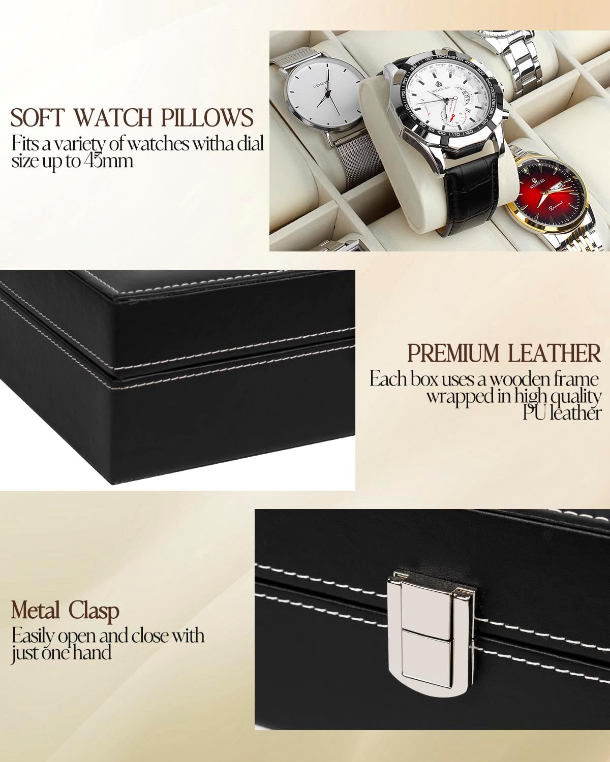 Dluxe Ave. 10 Slot Real Glass Lid Watch Display Case with PU Leather/ Black