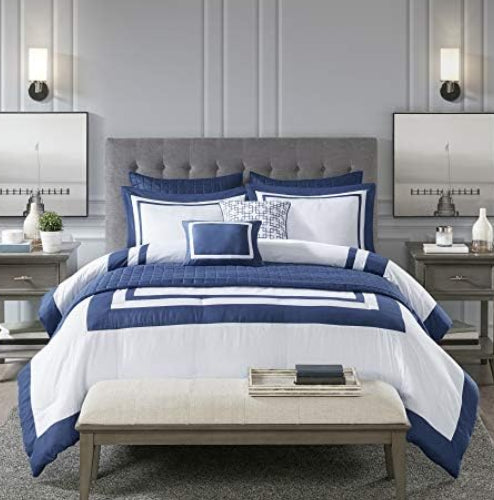 Dluxe Ave. ( CALI./ KING ) 8 Pcs Comforter Quilt Combo Set/ Modern Luxury Design All Season/ Down Alternative/ Navy