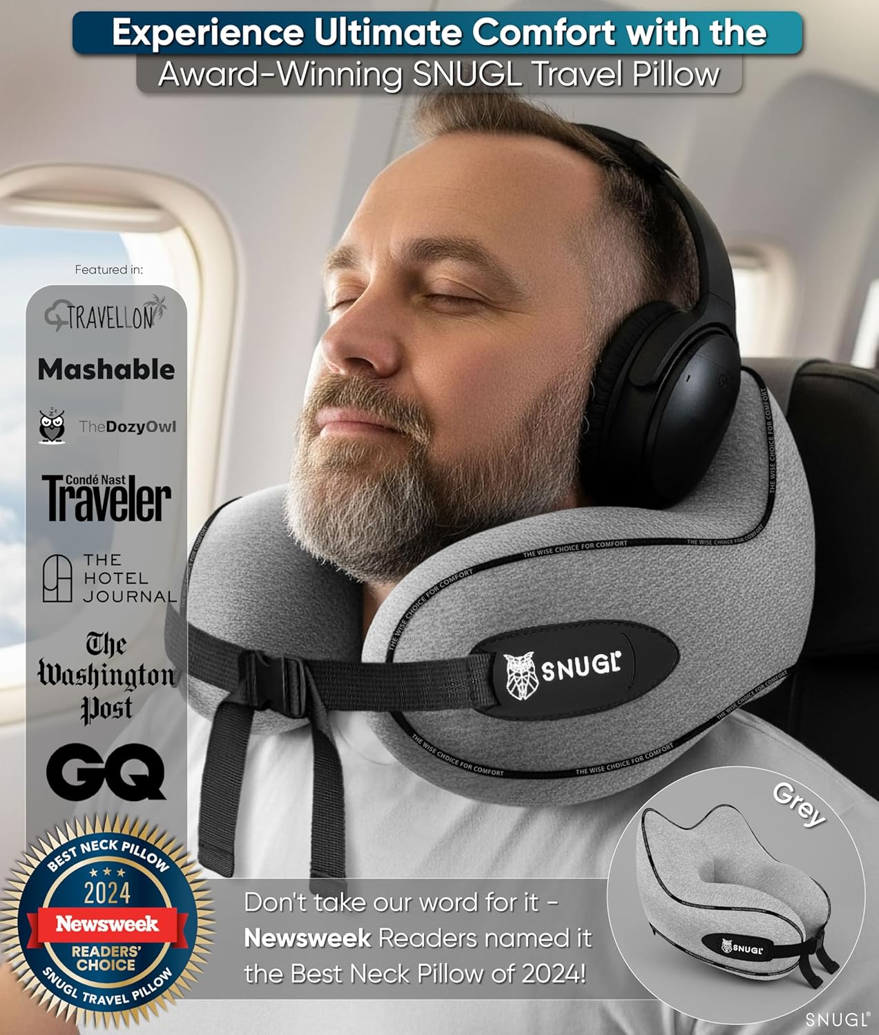 Dluxe Ave. Memory Foam Airplane Pillow/ Neck Support / Carry Bag & Clip/ Grey