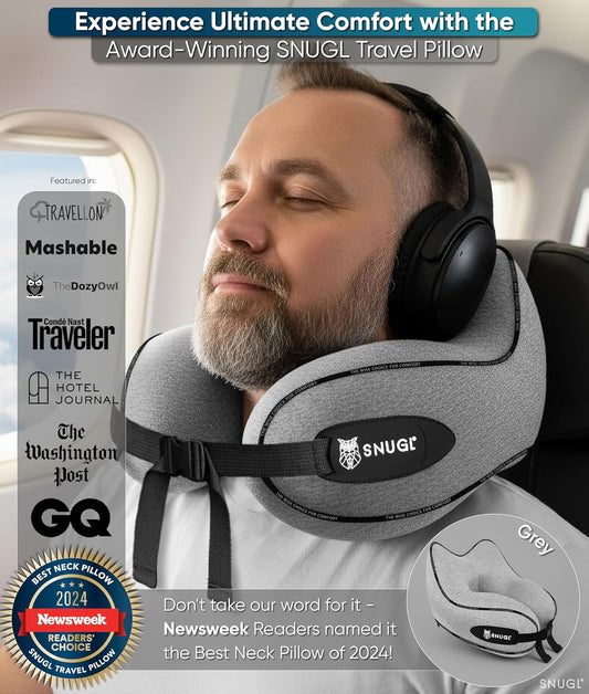 Dluxe Ave. Memory Foam Airplane Pillow/ Neck Support / Carry Bag & Clip/ Grey