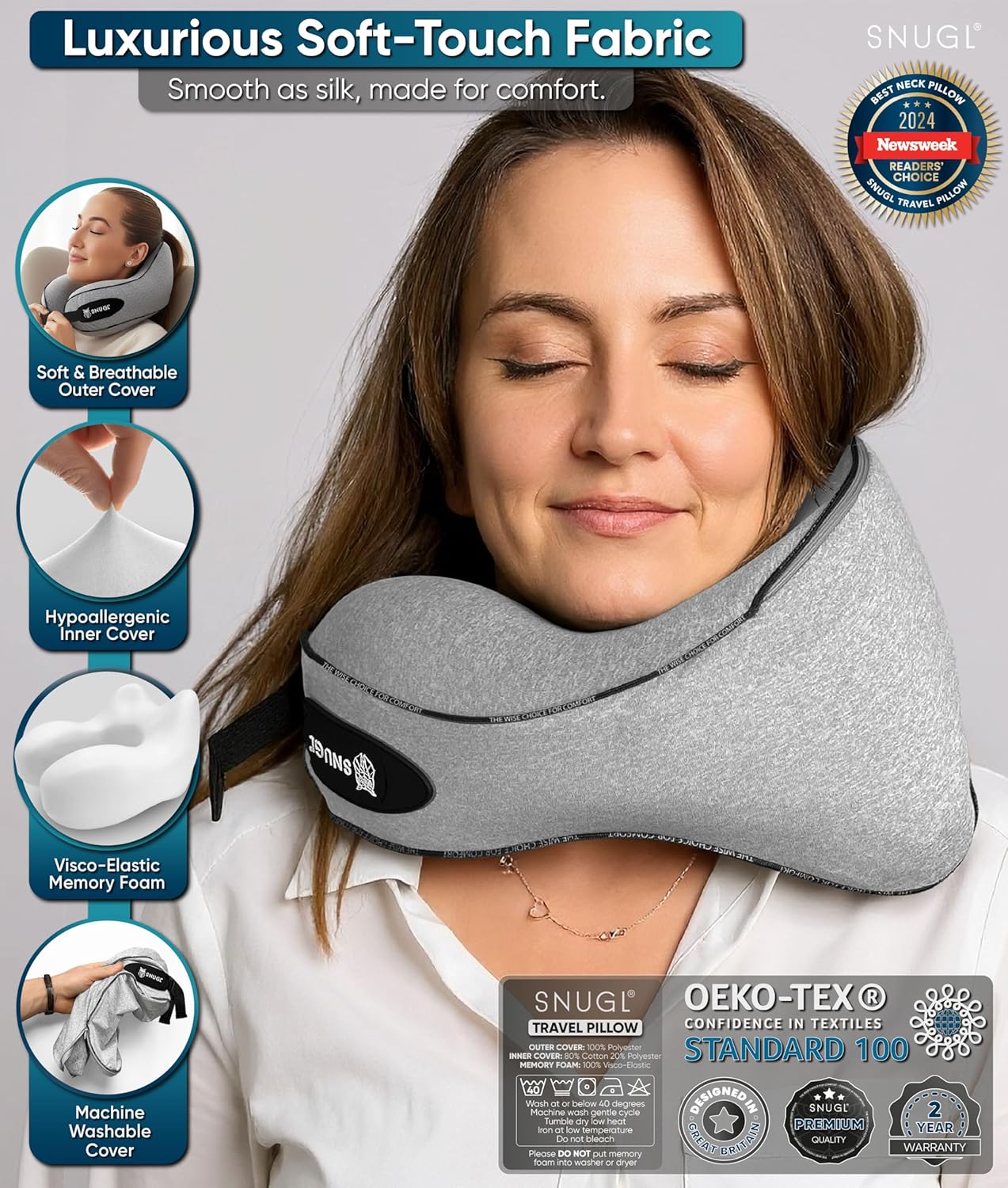 Dluxe Ave. Memory Foam Airplane Pillow/ Neck Support / Carry Bag & Clip/ Grey