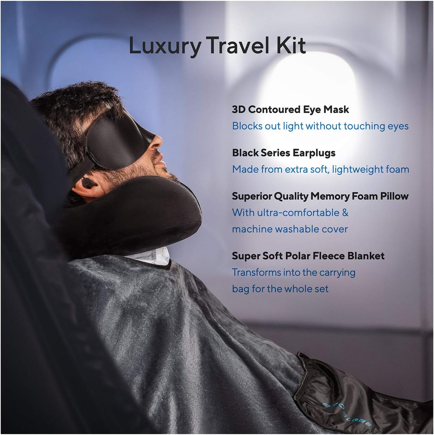 Dluxe Ave. Travel Blanket Luxury Travel Set/ Airplane Neck Pillow 100% Pure Memory Foam/ 4-in-1 Travel Kit/ Black