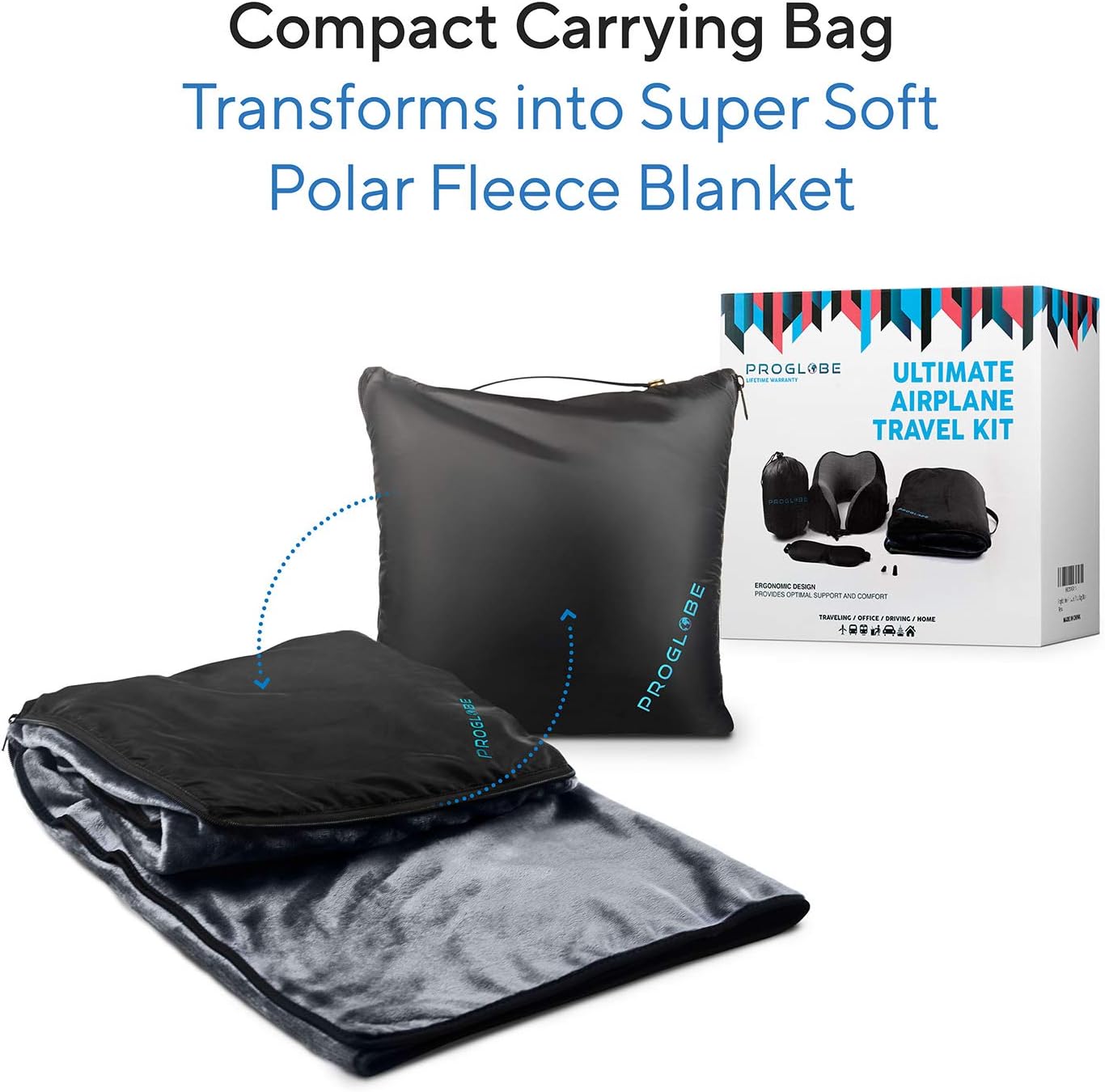 Dluxe Ave. Travel Blanket Luxury Travel Set/ Airplane Neck Pillow 100% Pure Memory Foam/ 4-in-1 Travel Kit/ Black