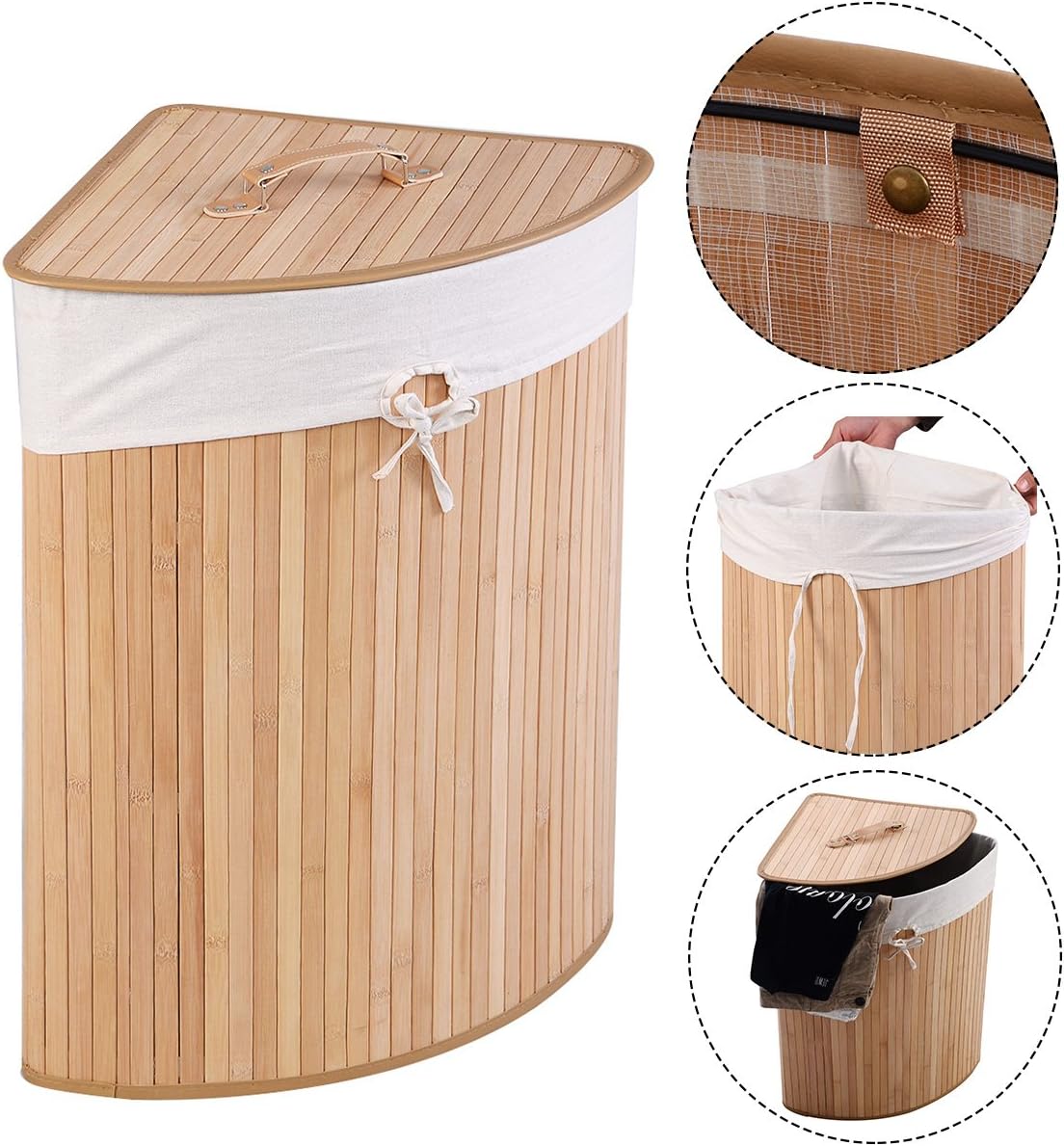 Dluxe Ave. GOFLAME Corner Bamboo Laundry Hamper with Lid and Removable Liner  (Natural)