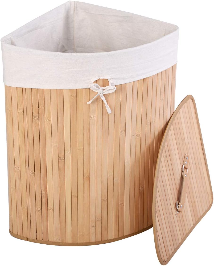 Dluxe Ave. GOFLAME Corner Bamboo Laundry Hamper with Lid and Removable Liner  (Natural)
